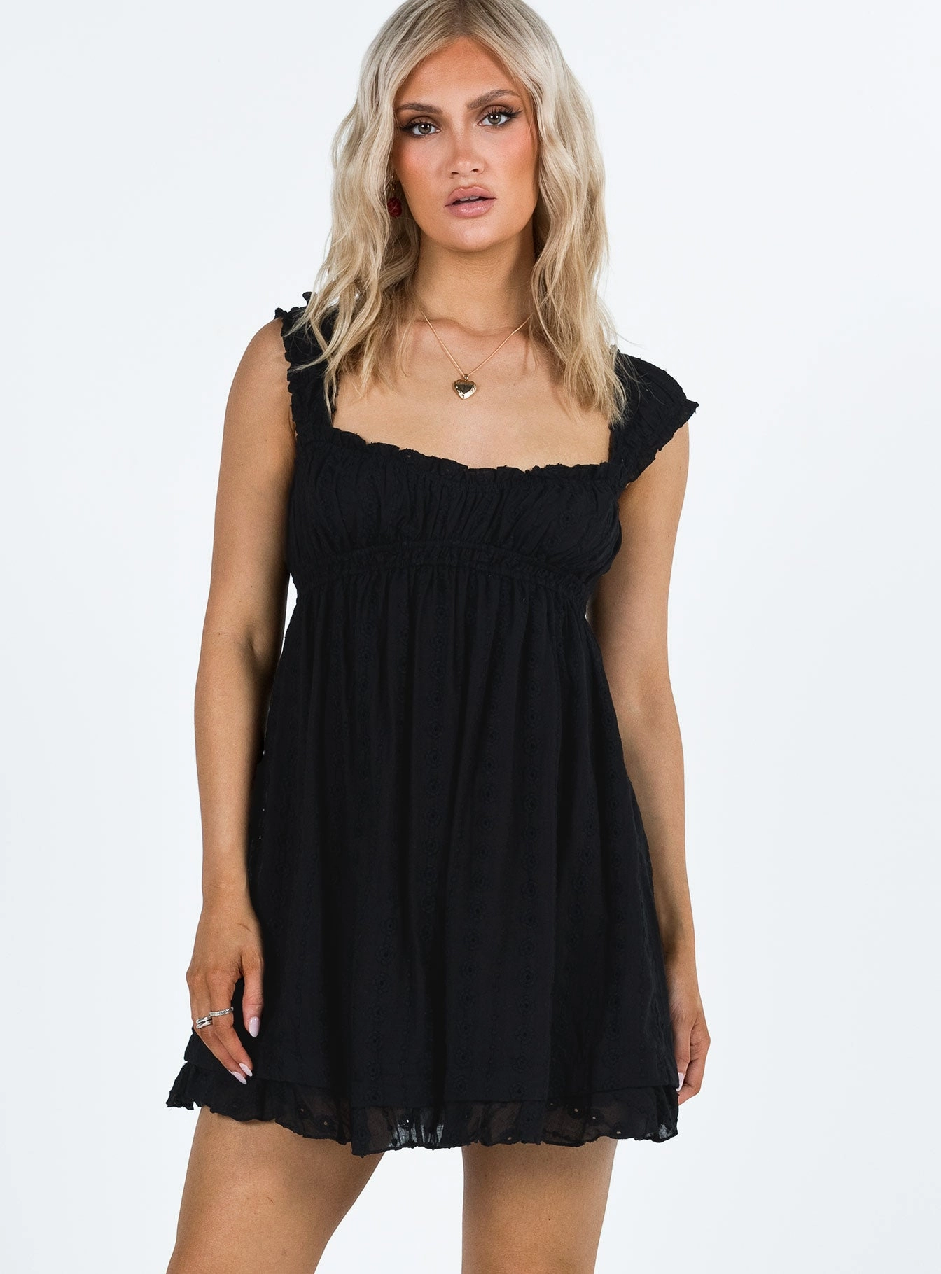 Bishop-Sleeve Texture Edge Carlita Mini Dress Black