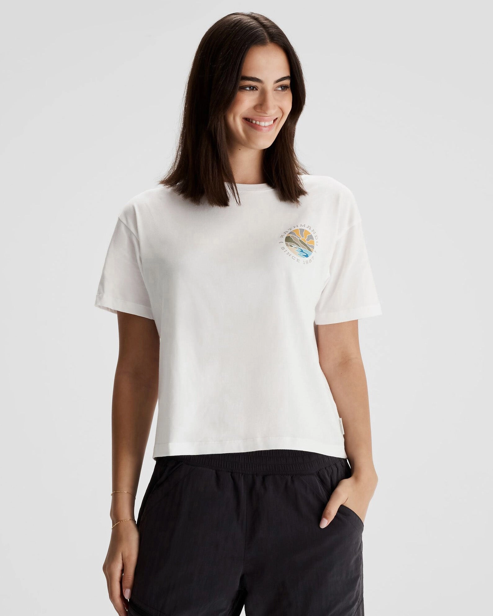 Women's Kathmandu Logo Sunburst Organic Cotton T-shirt - White Weekend Style Trend