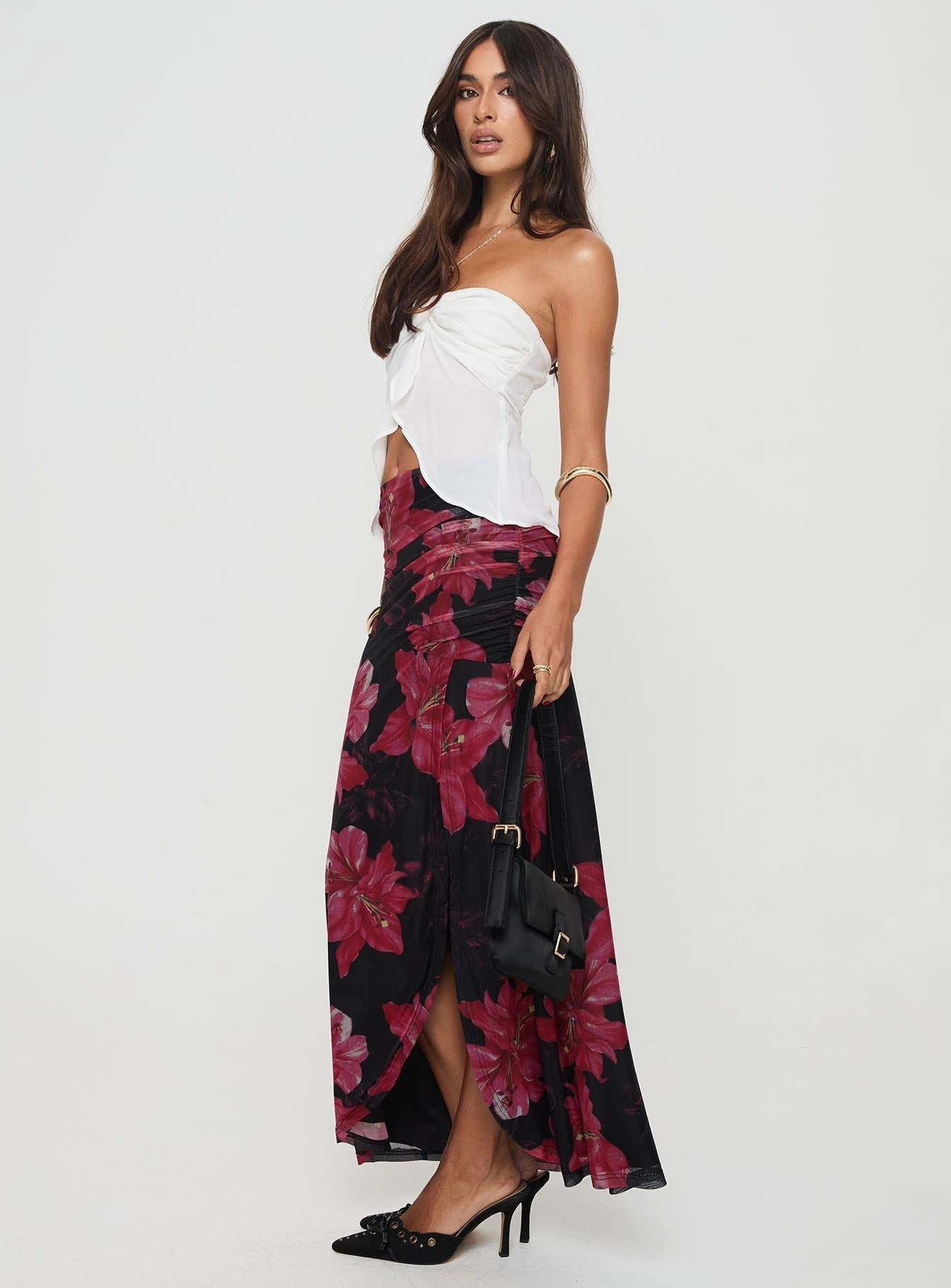 Curvy Fit Refined Finish Cooperi Maxi Skirt Black / Red Floral