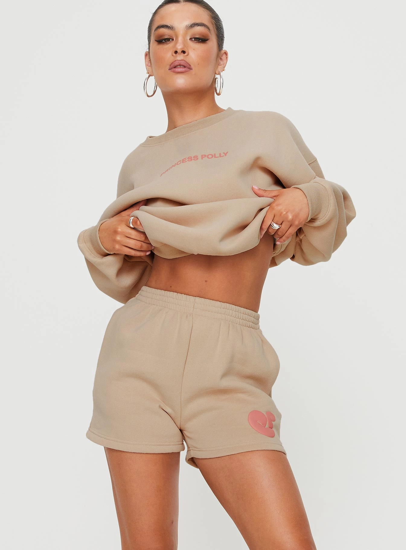 Princess Polly Sweat Short Bubble Text Sand/ Pink On Trend