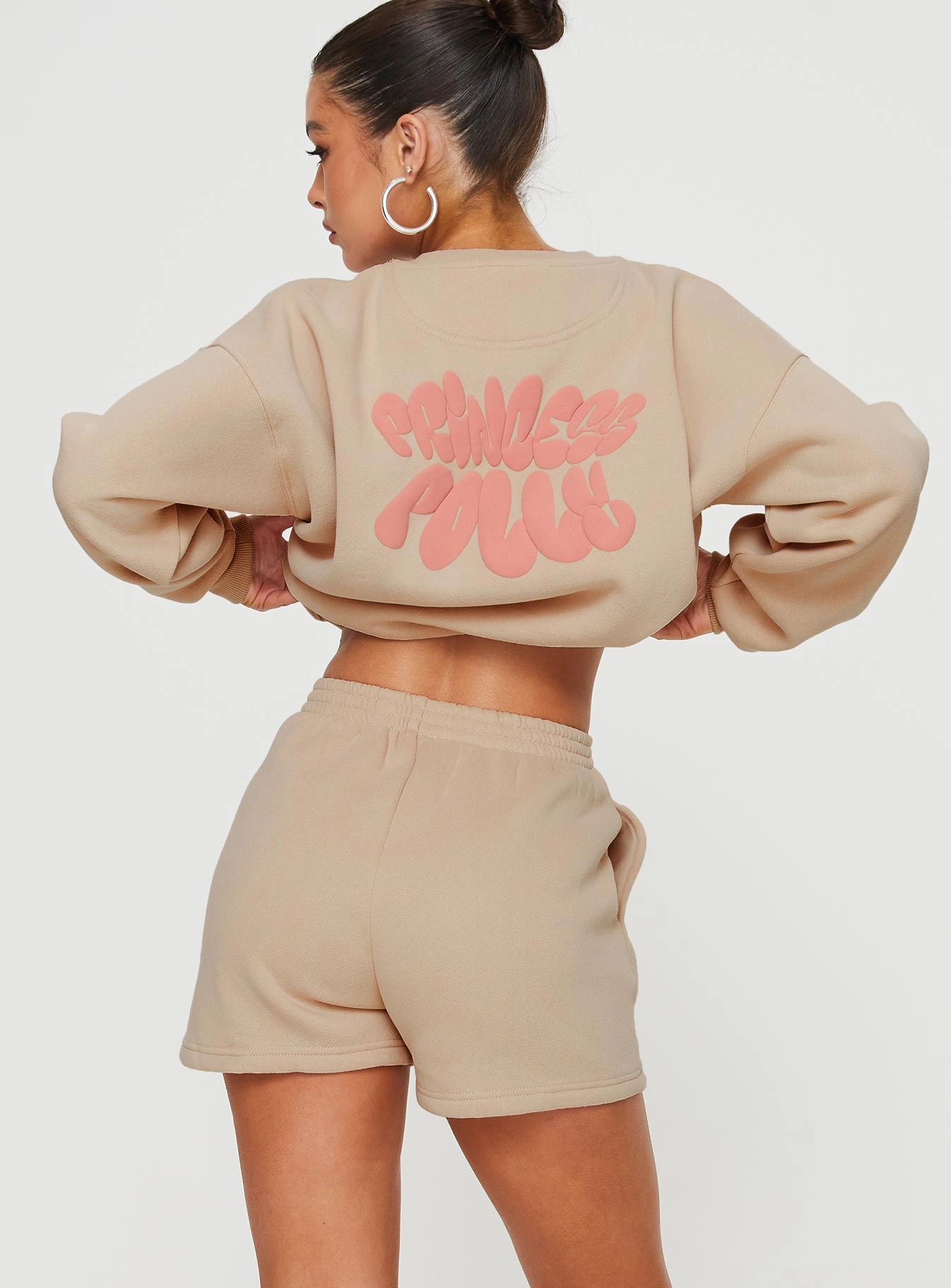 surf wear Princess Polly Sweat Short Bubble Text Sand/ Pink