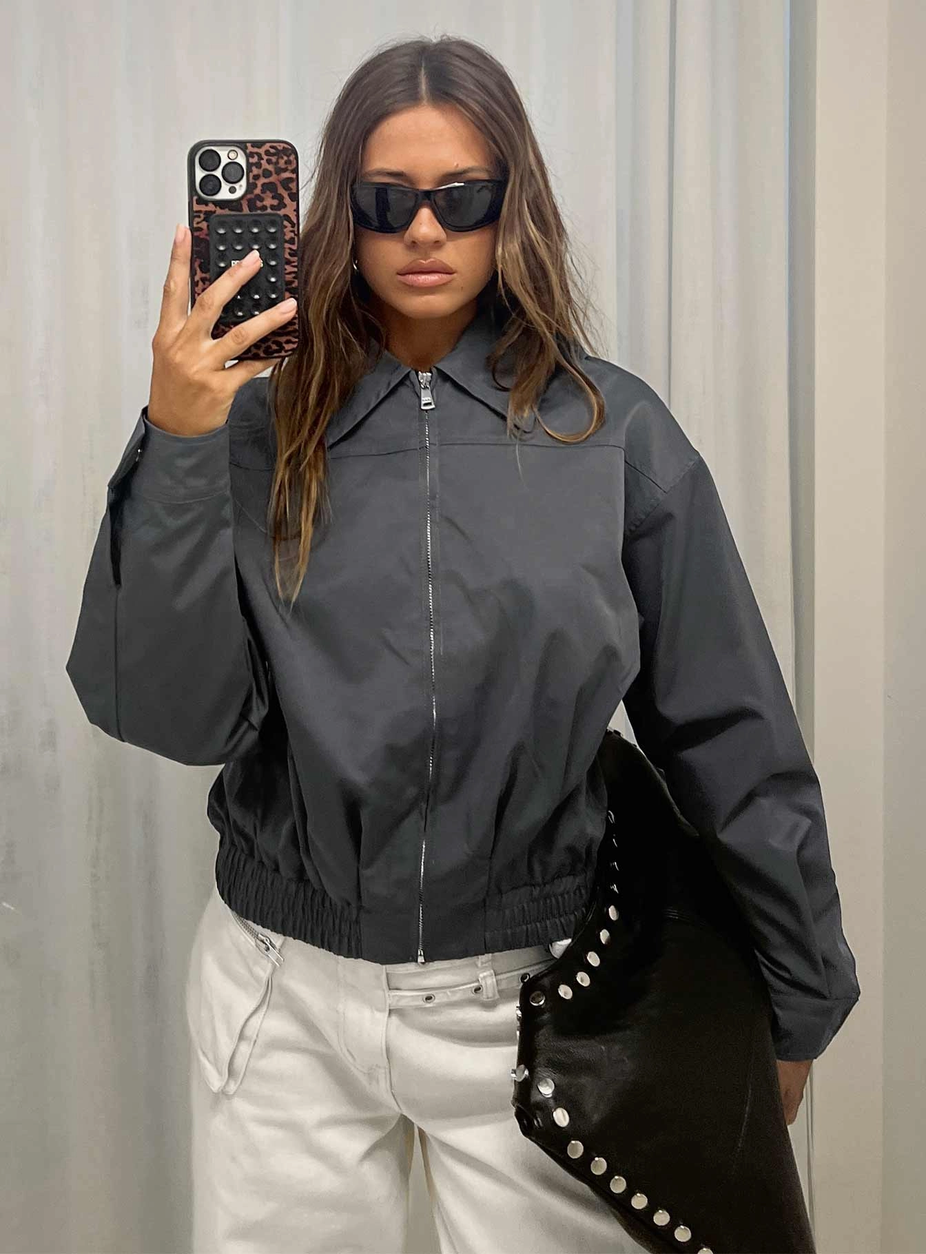 Easy Movement Cut Call You Up Bomber Jacket Charcoal