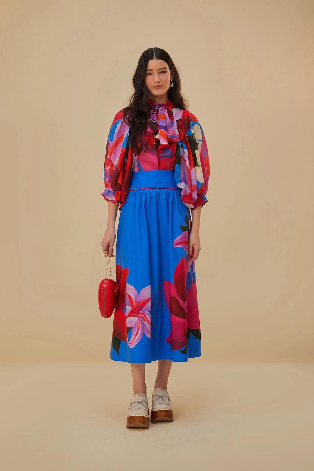 Oversized style Cotton Rich Watercolor Floral Blue Midi Skirt