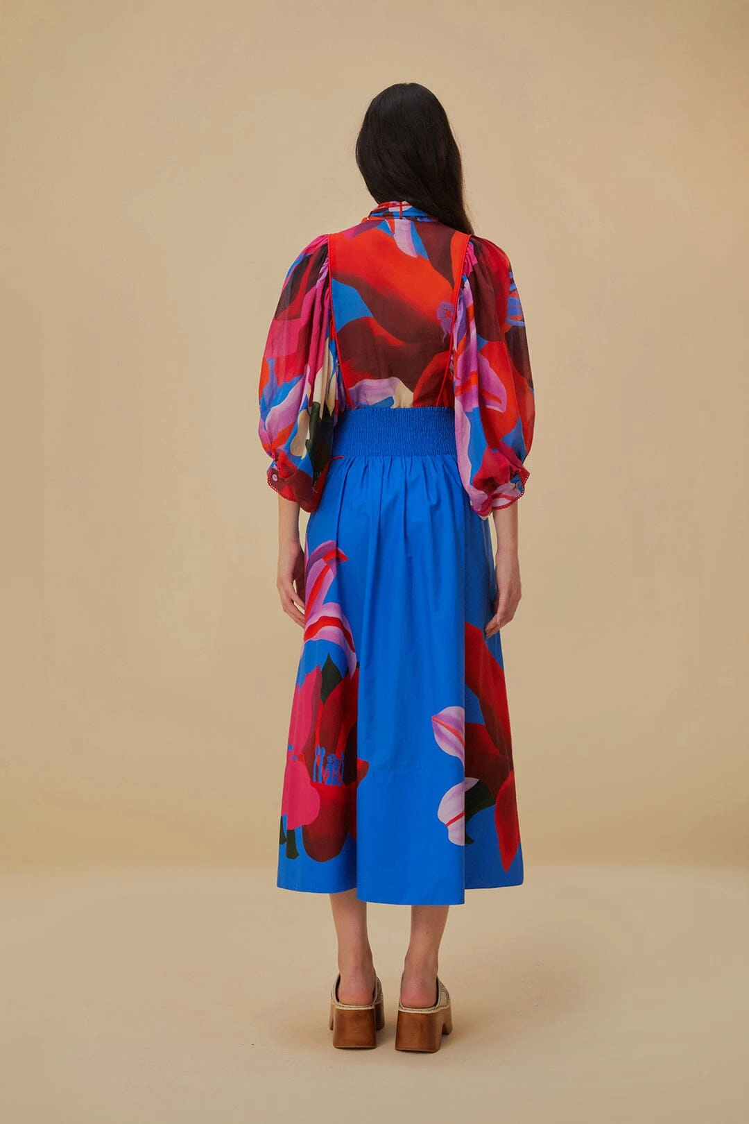 Seamless Edging Flexible Comfort Watercolor Floral Blue Midi Skirt