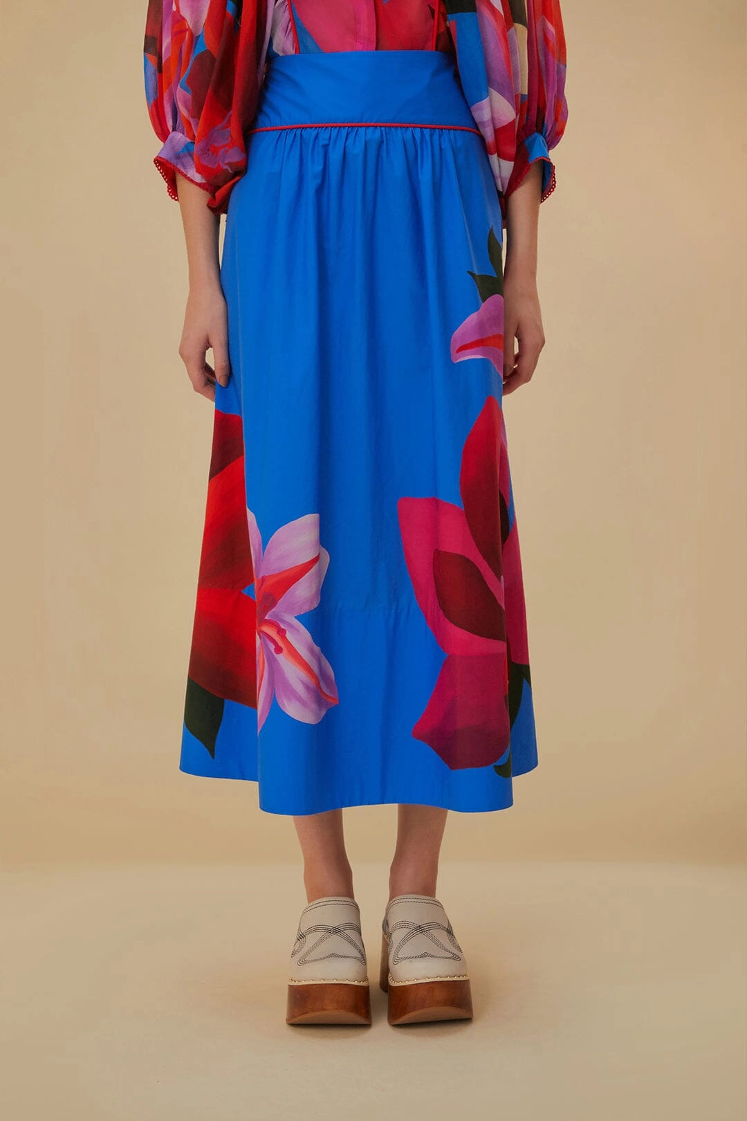 Watercolor Floral Blue Midi Skirt Silicone Grip Trim