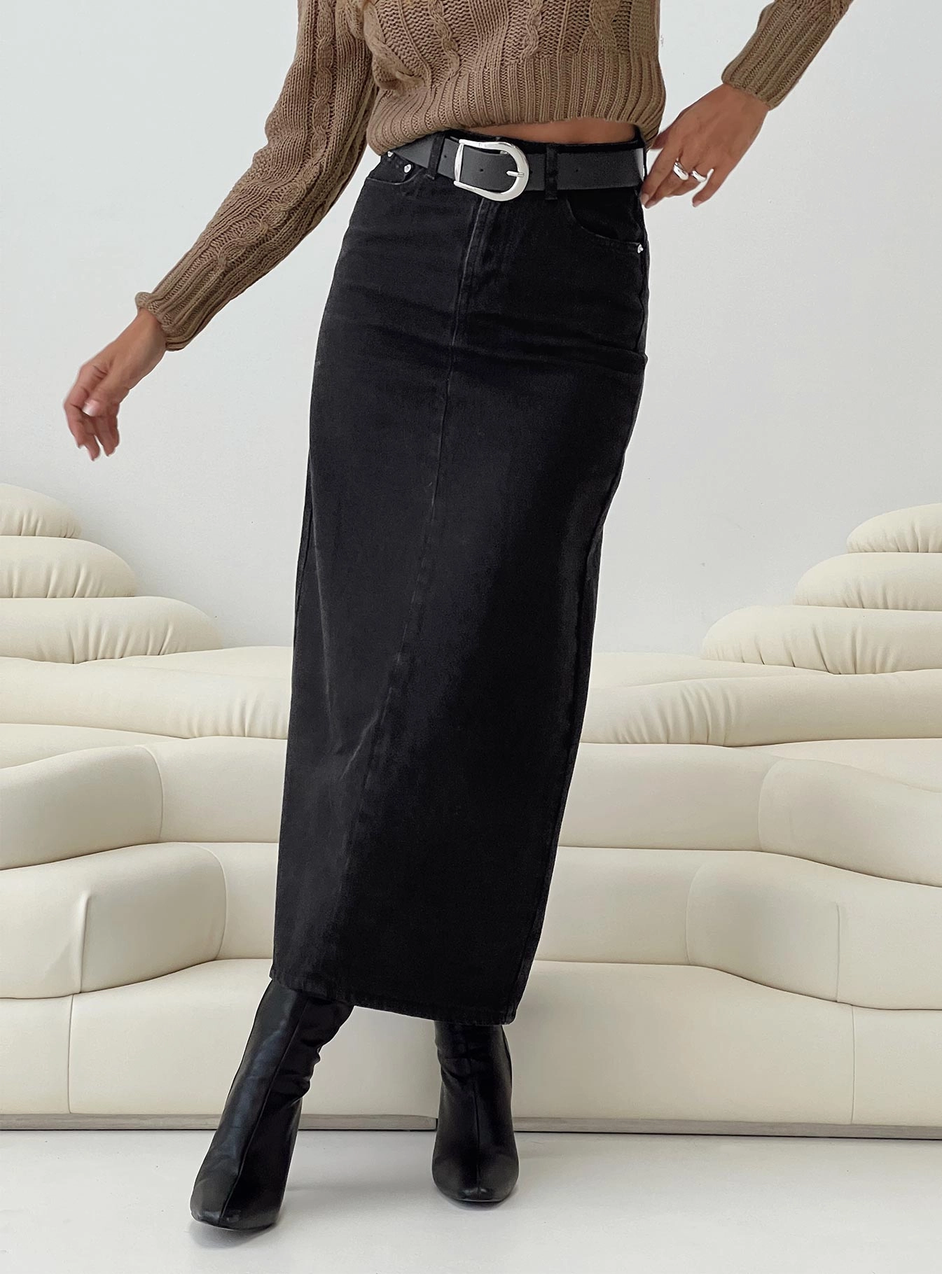 Cashmere Touch Fashion Collab Whessler Split Back Denim Midi Skirt Black