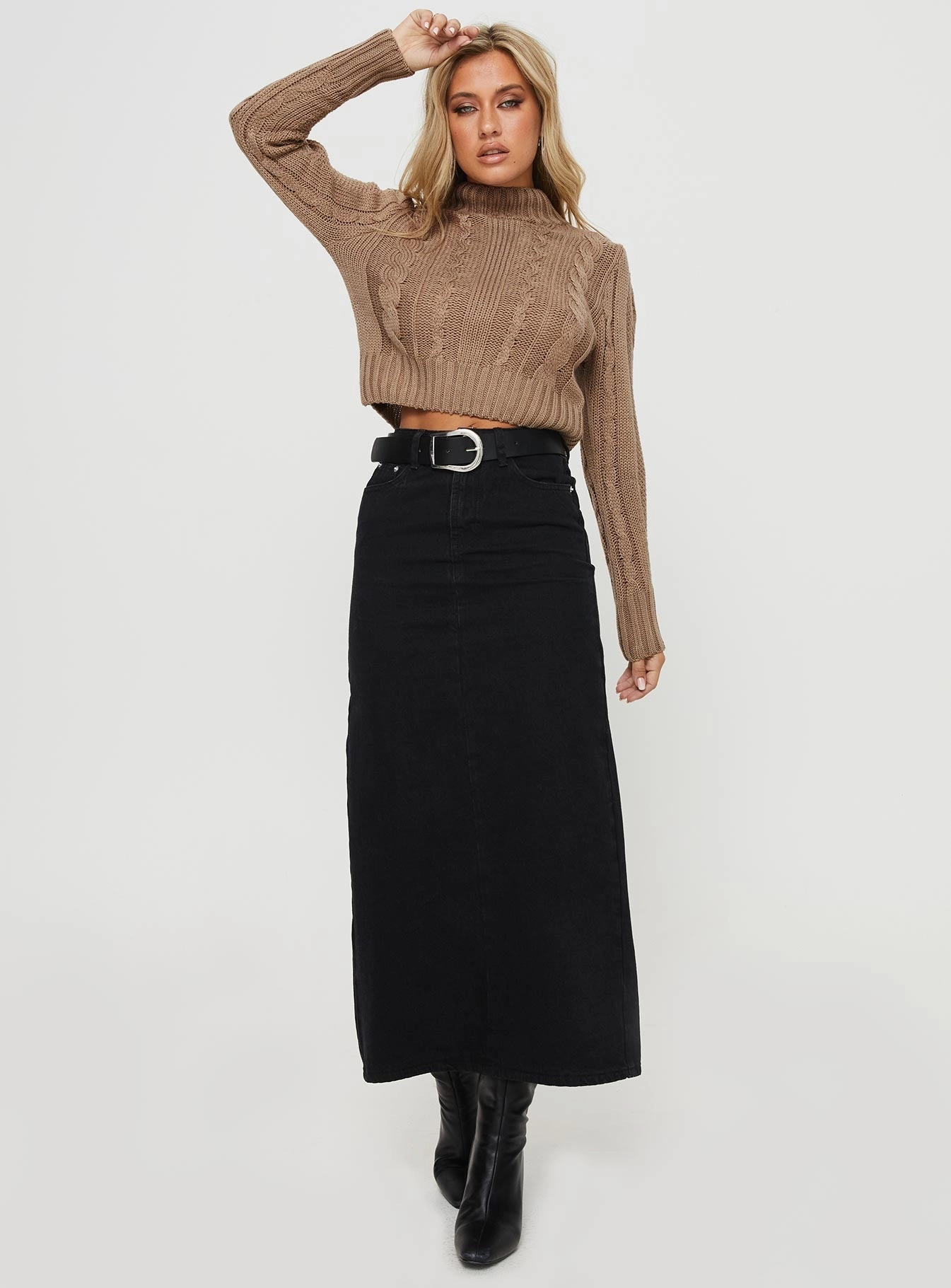 Sleek Appeal Sporty Edge Whessler Split Back Denim Midi Skirt Black