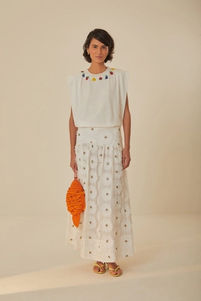 Twist Knot Details Ventilated Slits White Daisy 3D Flower Embroidered Maxi Skirt
