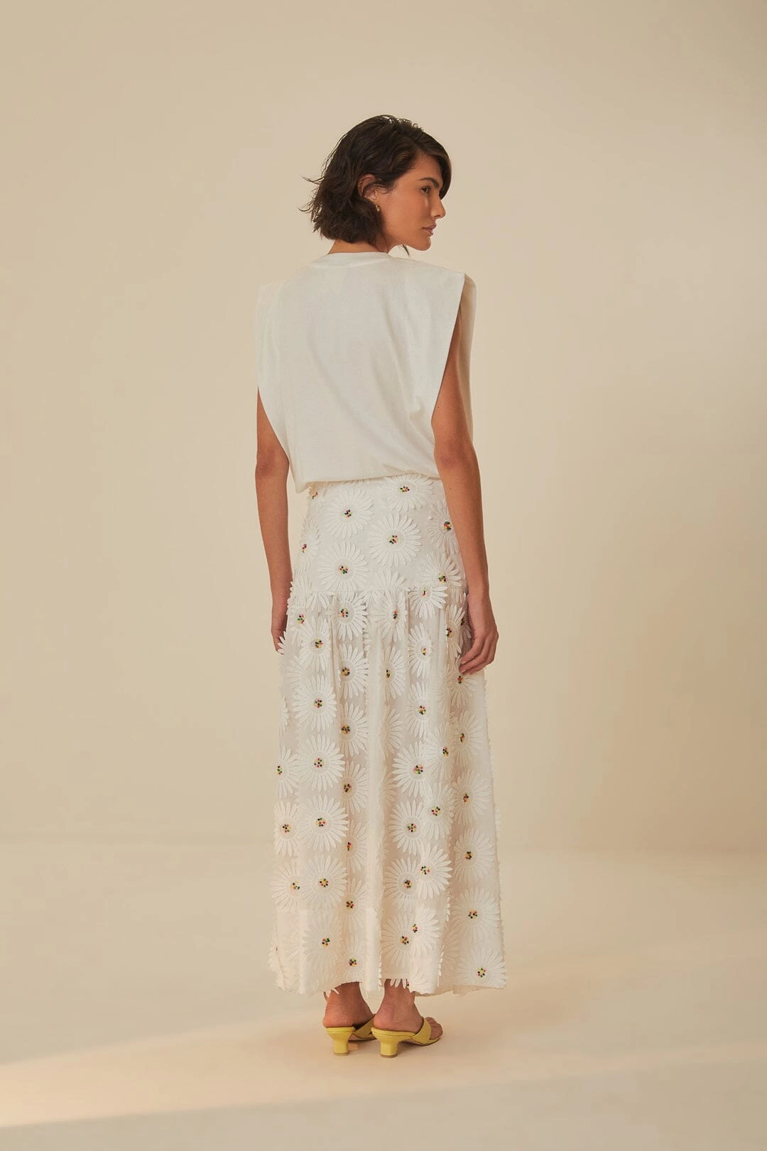 Recycled Polyester White Daisy 3D Flower Embroidered Maxi Skirt