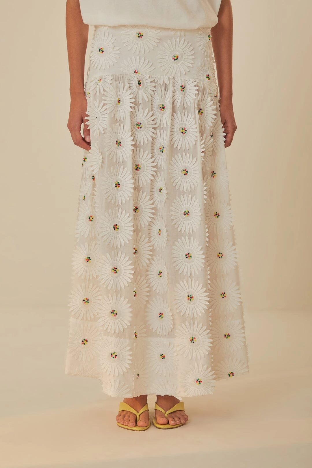 White Daisy 3D Flower Embroidered Maxi Skirt Knitted Fabric