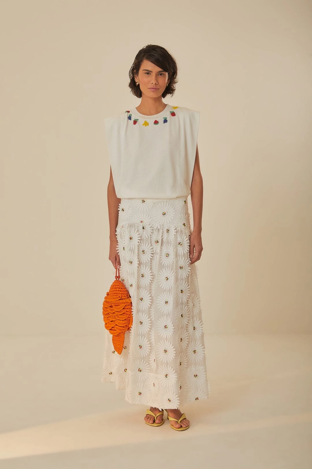 Twist Knot Details Ventilated Slits White Daisy 3D Flower Embroidered Maxi Skirt
