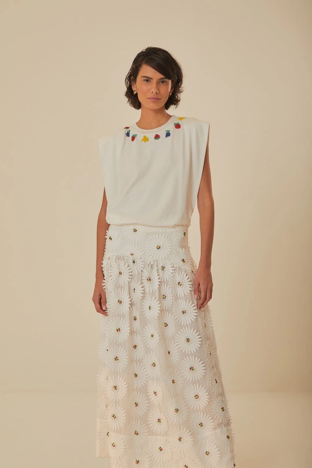 White Daisy 3D Flower Embroidered Maxi Skirt Light Touch high contrast