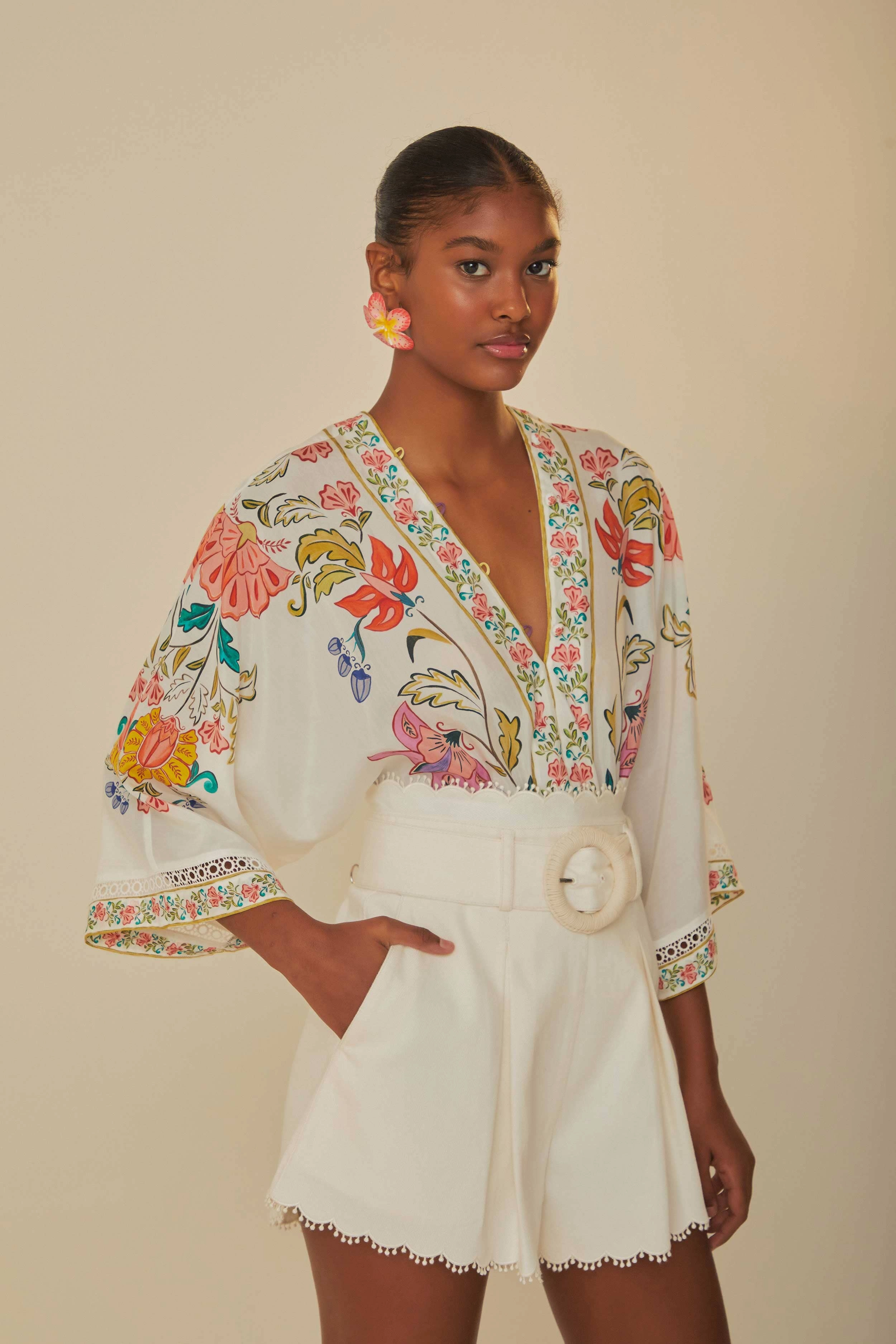 Light Motion White Festone Belted Shorts