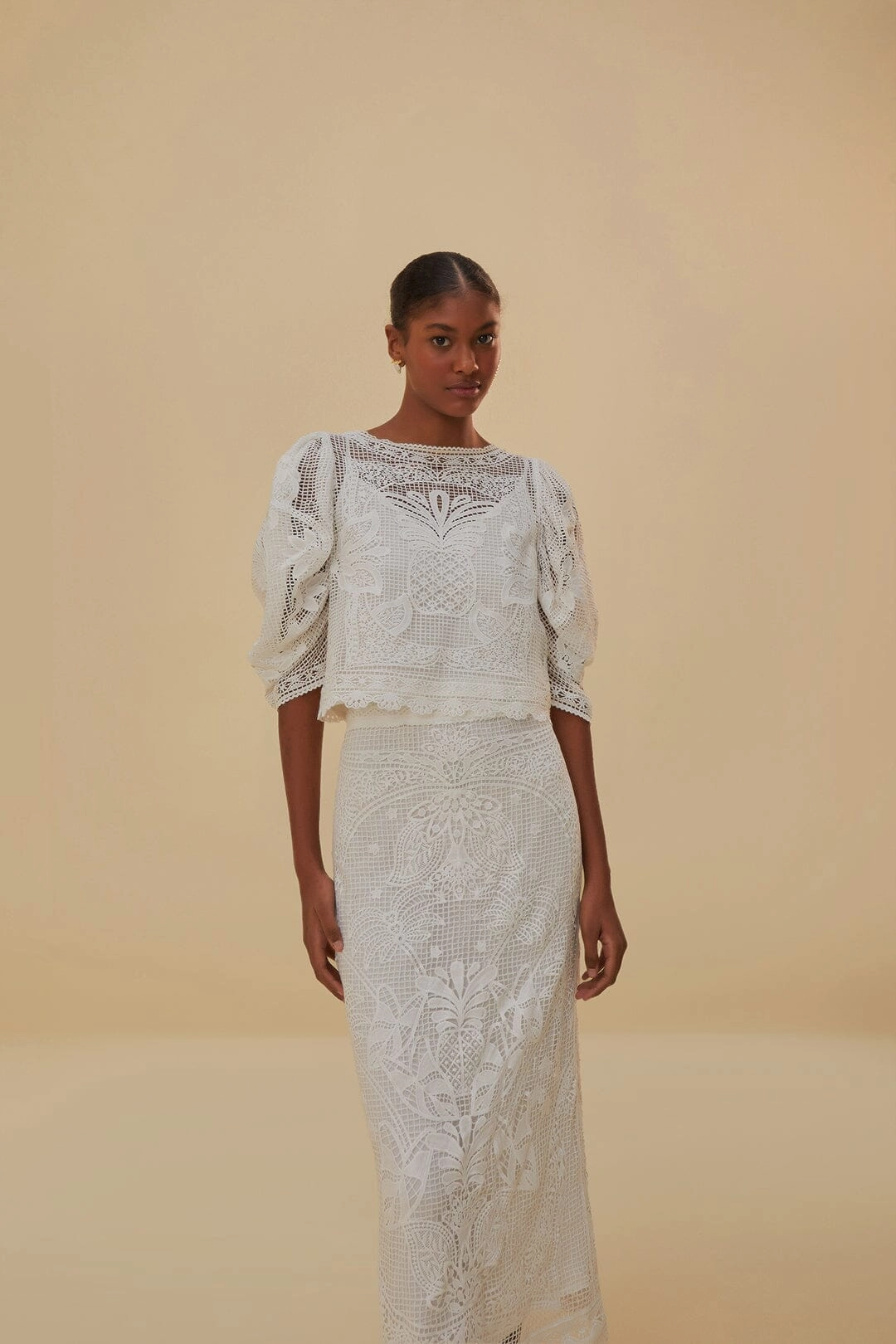 Runway Inspired Elasticized Cuff White Guipure Midi Skirt
