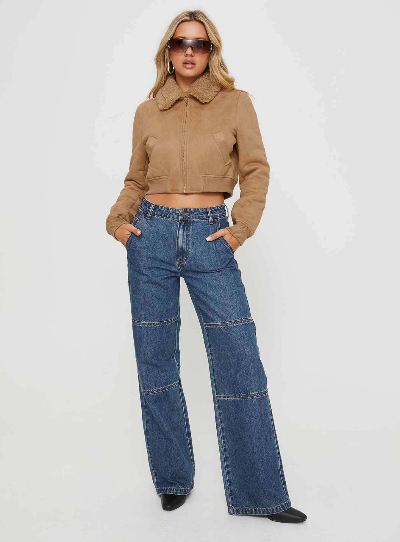 Flexible Hem Adjustment Soomers Shearling Trim Bomber Jacket Brown