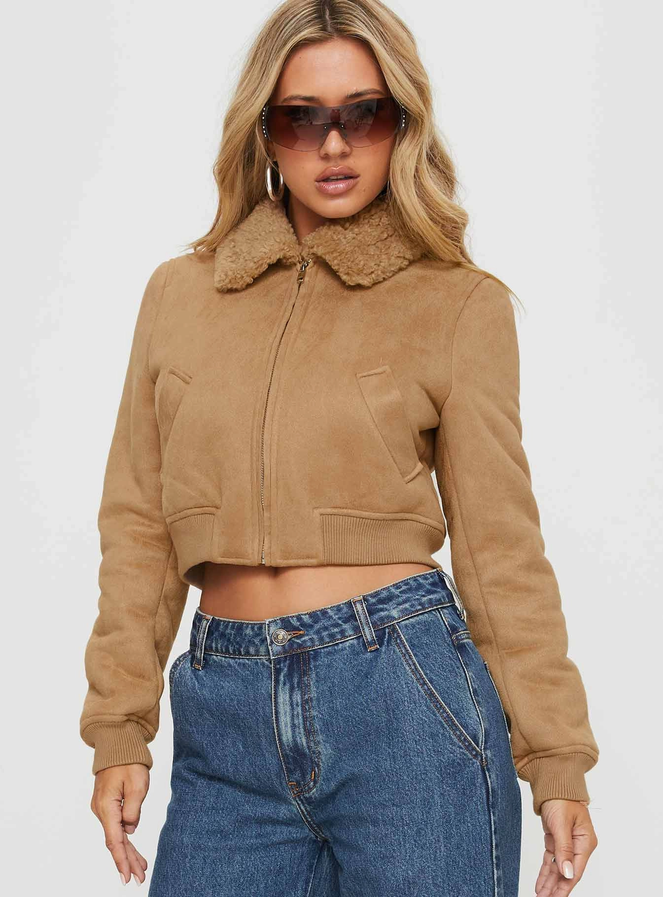 Hypoallergenic Fiber Filling Soomers Shearling Trim Bomber Jacket Brown