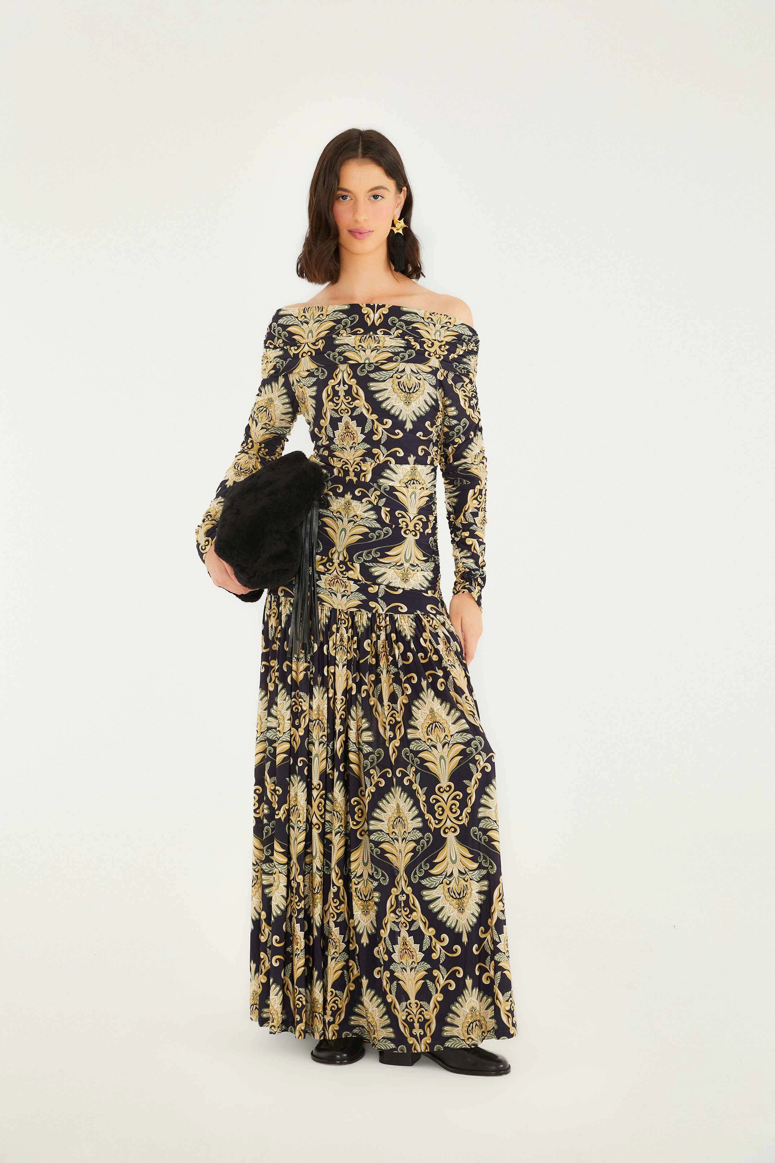 Special-Edition Easy Fit Winter Cozy Navy Blue Wonderful Arabesque Off-Shoulder Maxi Dress