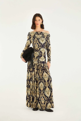 Special-Edition Easy Fit Winter Cozy Navy Blue Wonderful Arabesque Off-Shoulder Maxi Dress