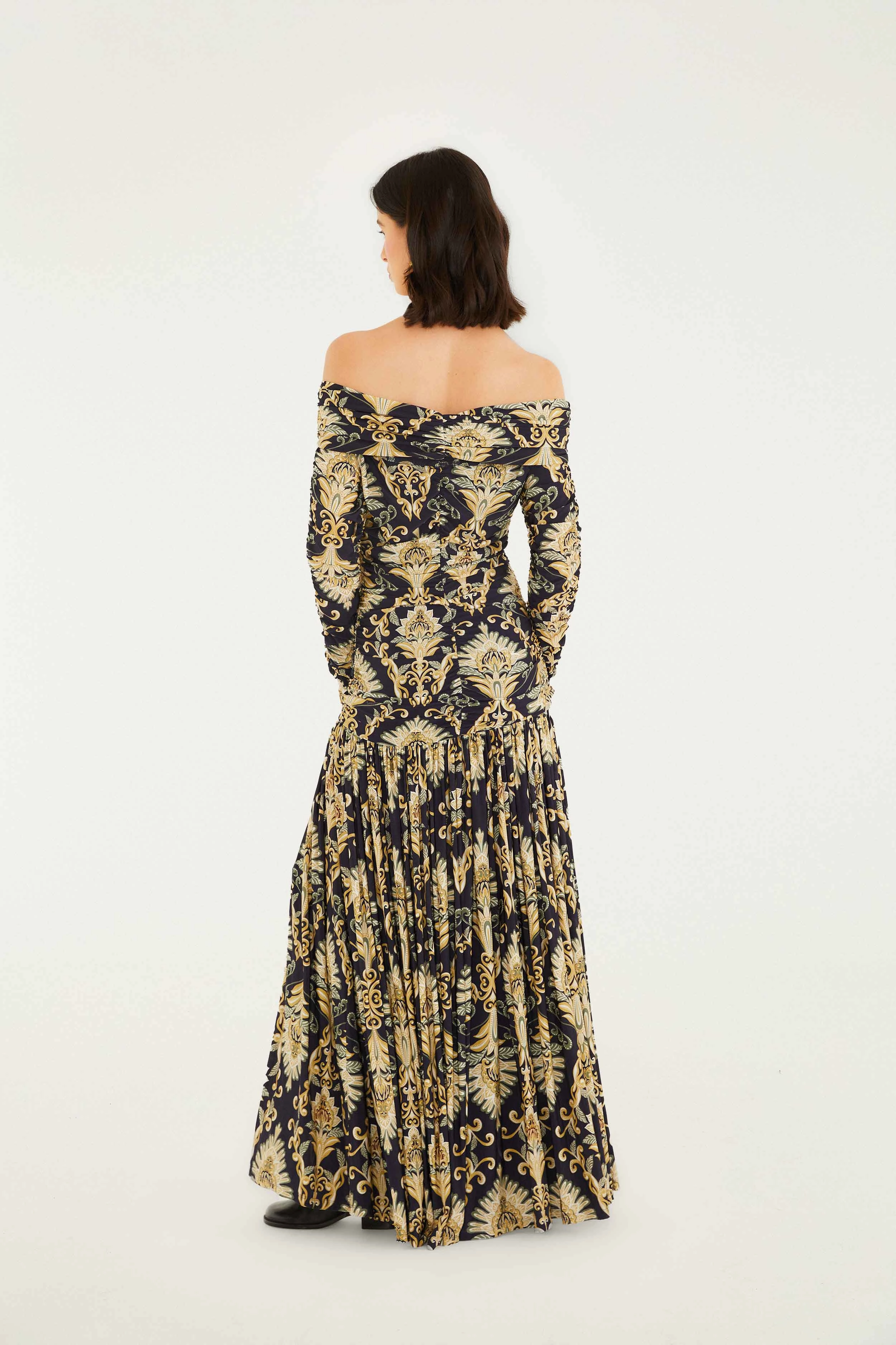 Mermaid-Hem Form Focus Winter Cozy Navy Blue Wonderful Arabesque Off-Shoulder Maxi Dress