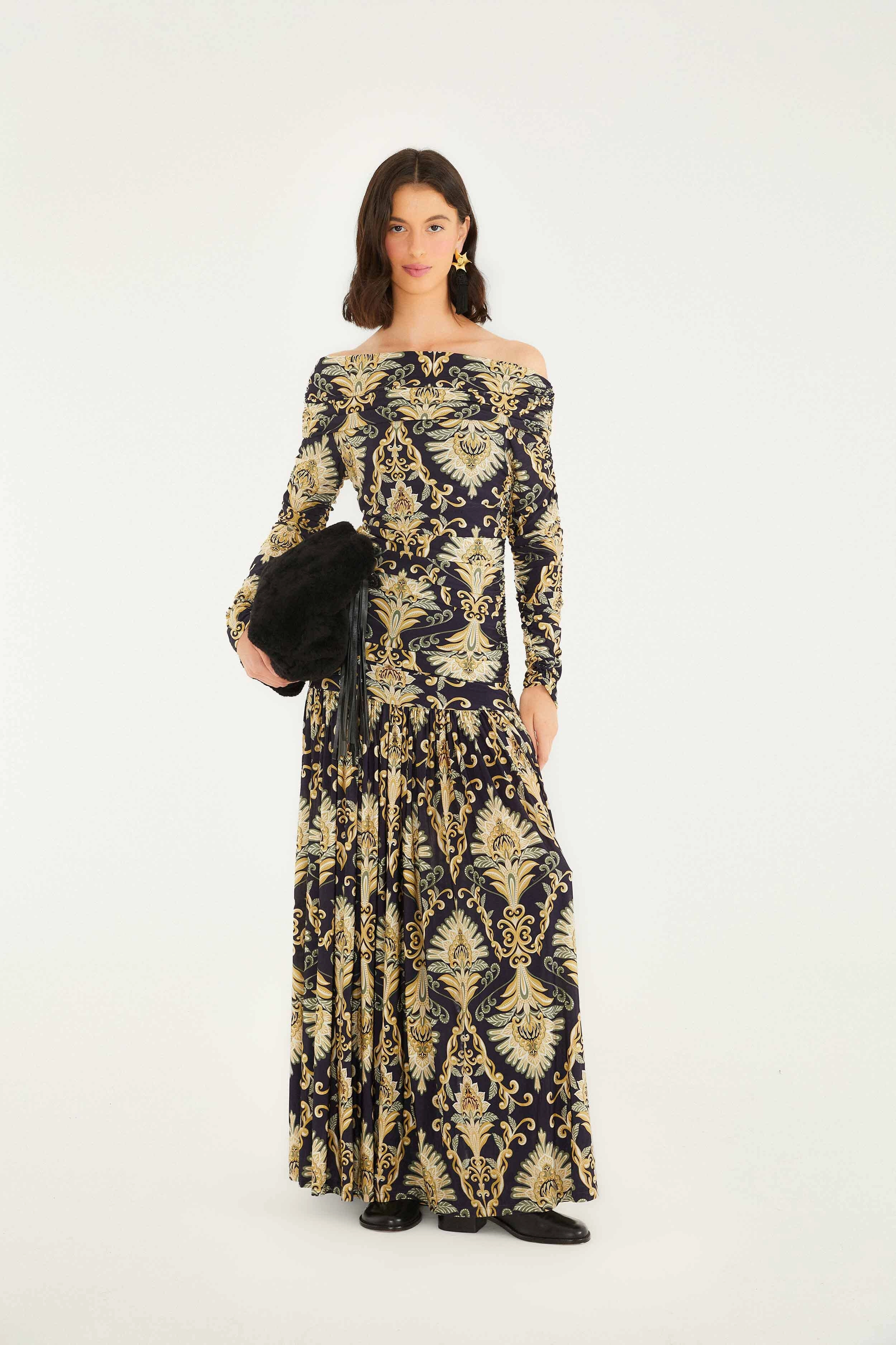 Bold Statement Luxurious Feel Winter Cozy Navy Blue Wonderful Arabesque Off-Shoulder Maxi Dress