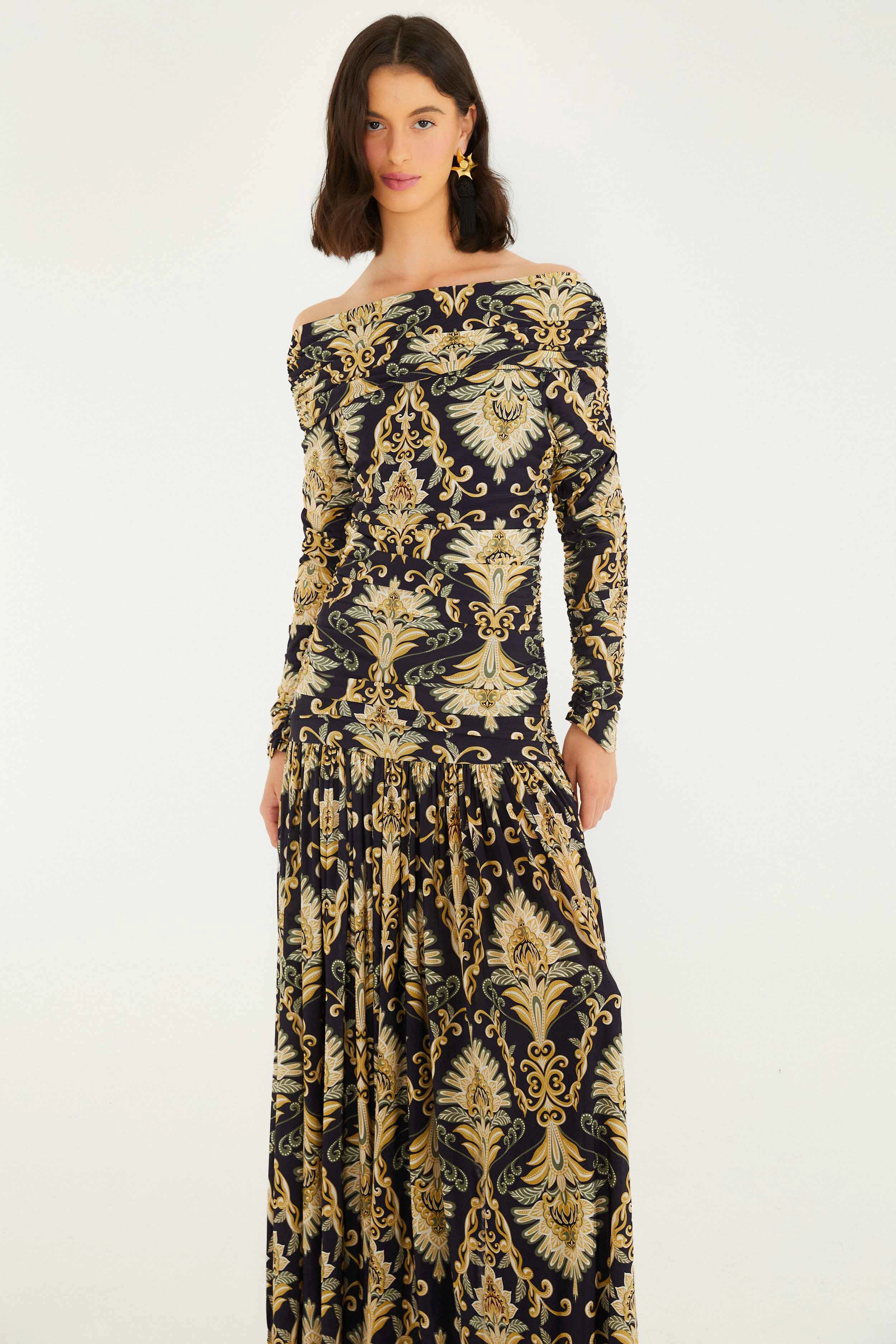Dainty Finish Clean Flow Winter Cozy Navy Blue Wonderful Arabesque Off-Shoulder Maxi Dress