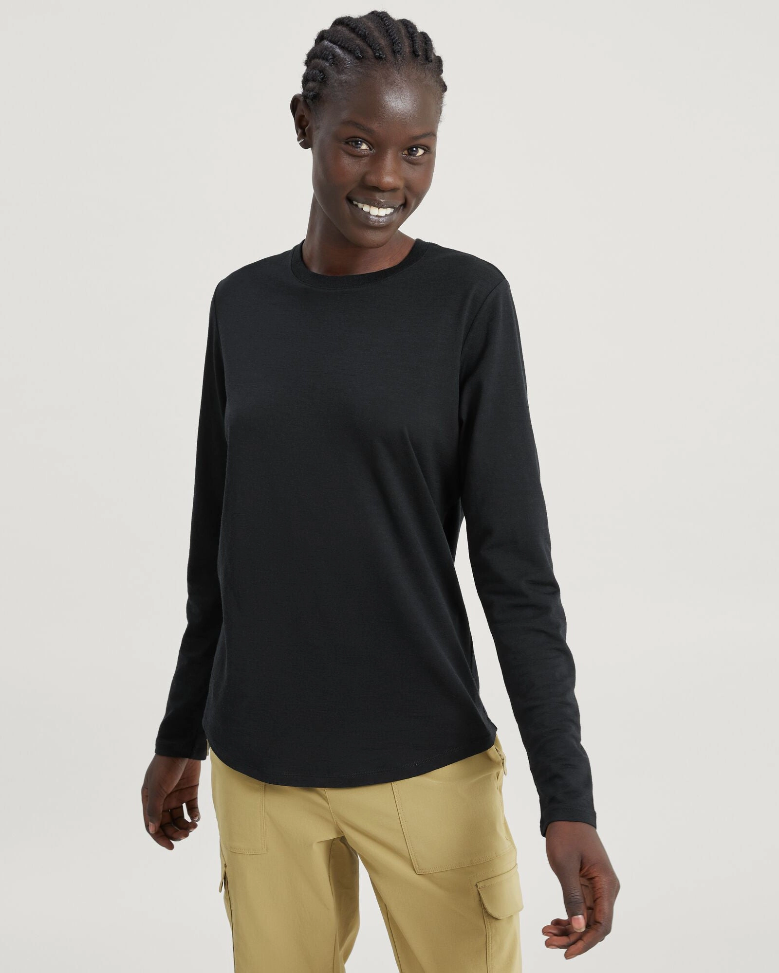 Soft Interior Relaxed Knitwear Women's 100% Merino Long Sleeve Crew Top - Black