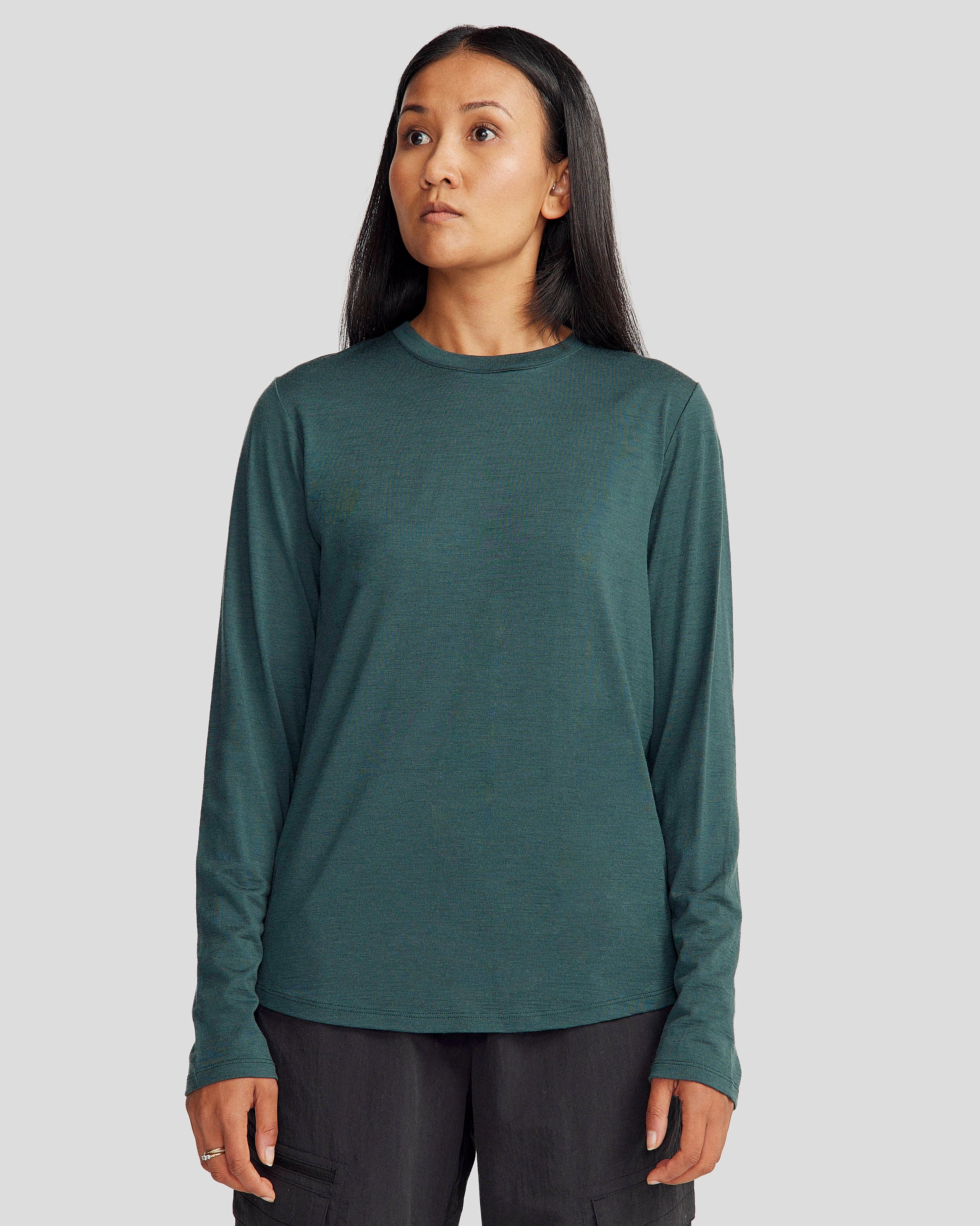 Breathable Movement Comfy Performance Women's 100% Merino Long Sleeve Crew Top - Deep Forest