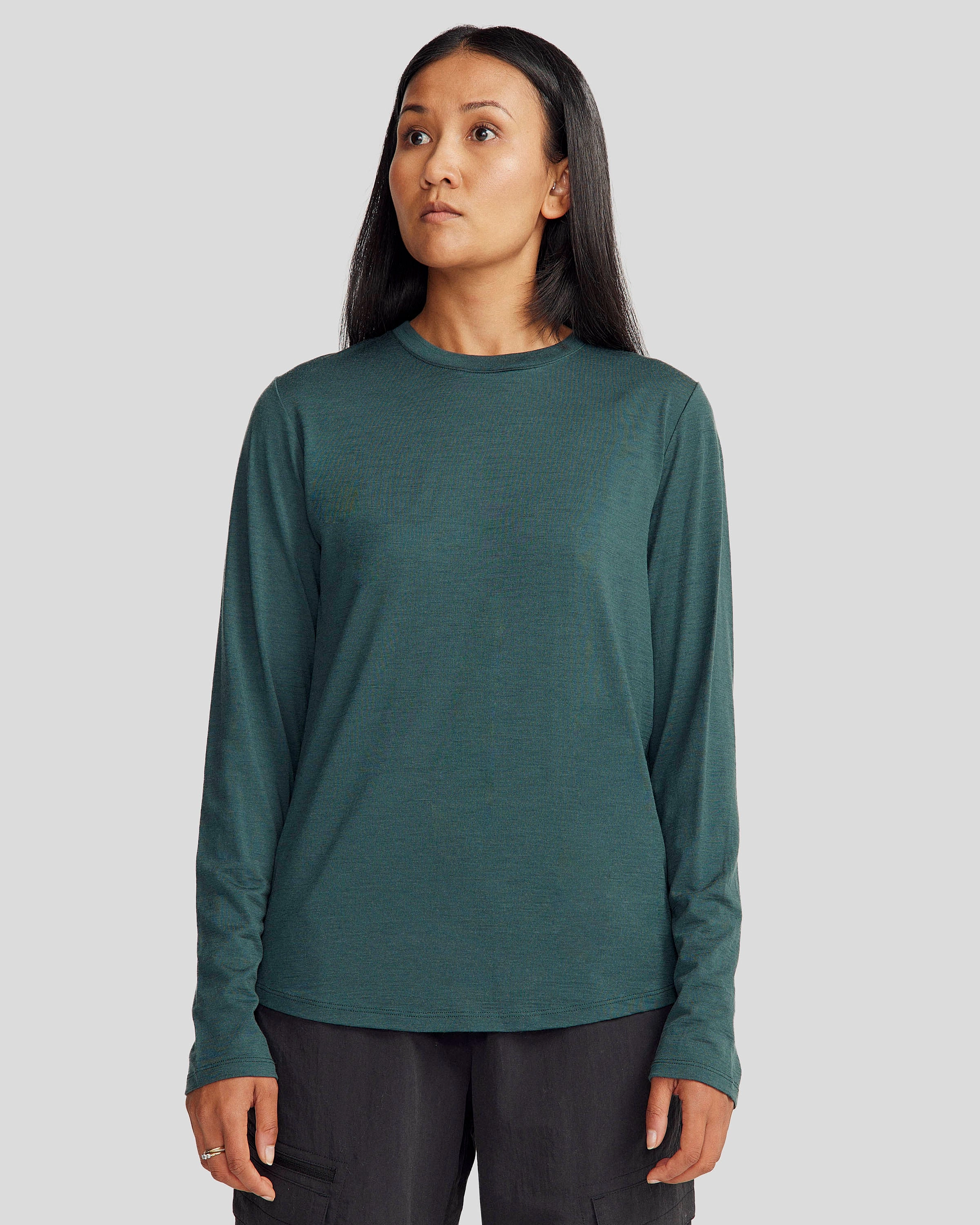 Comfy Flex Relaxed Outfit Women's 100% Merino Long Sleeve Crew Top - Deep Forest