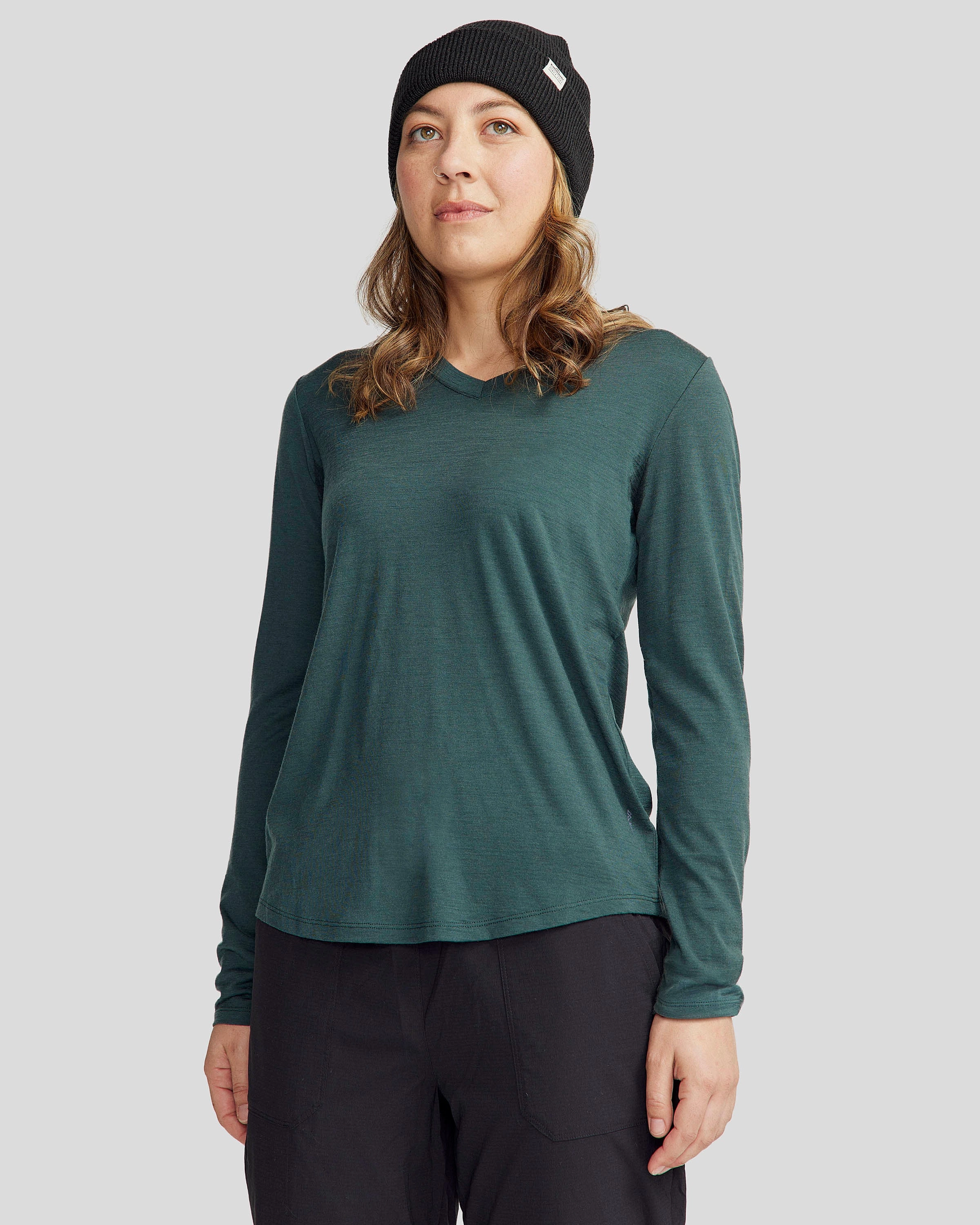 Women's 100% Merino Long Sleeve V-Top - Deep Forest Light Fit Design Knit Comfort Wear