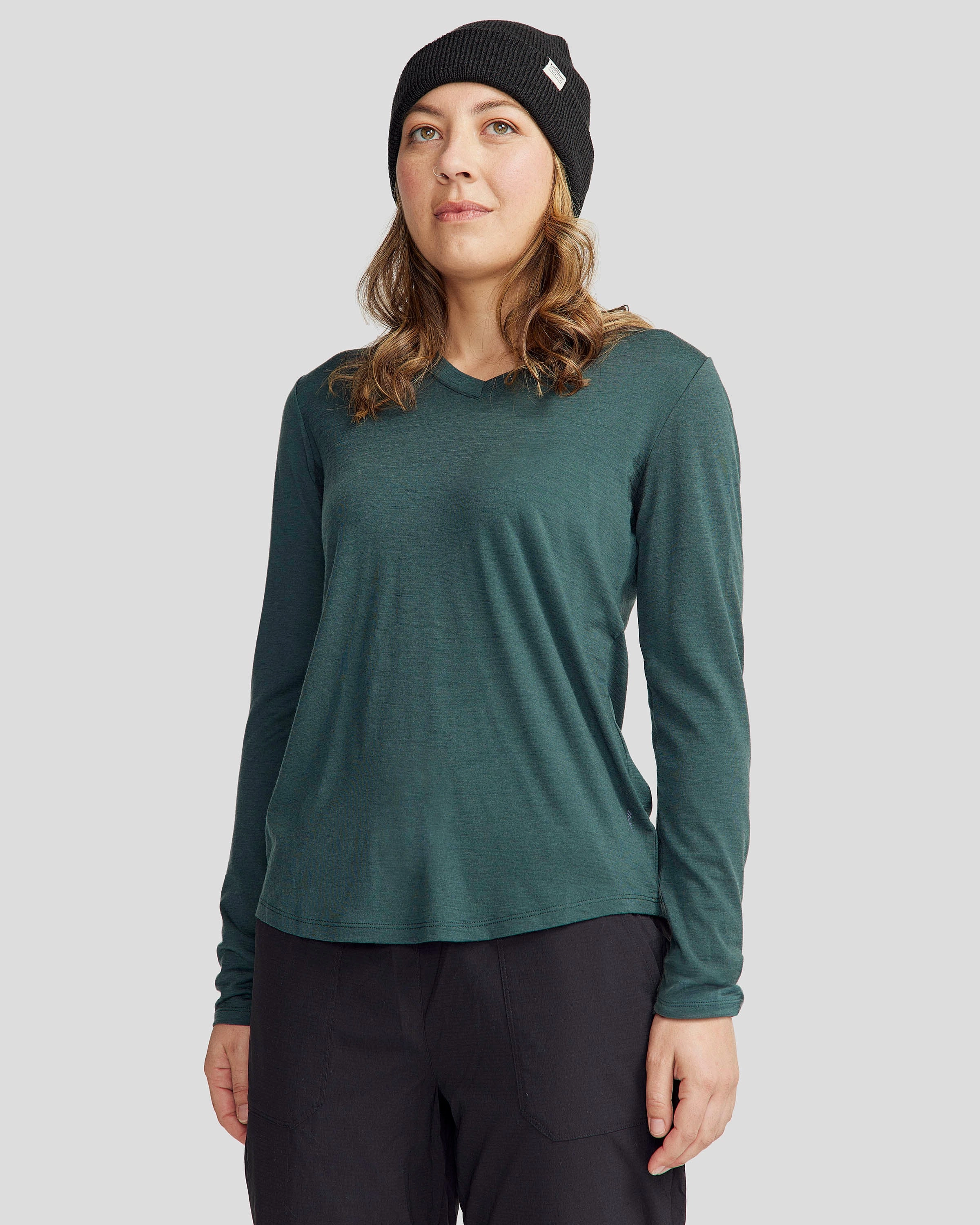 Women's 100% Merino Long Sleeve V-Top - Deep Forest Stretchy Waist Warm Winter Wear