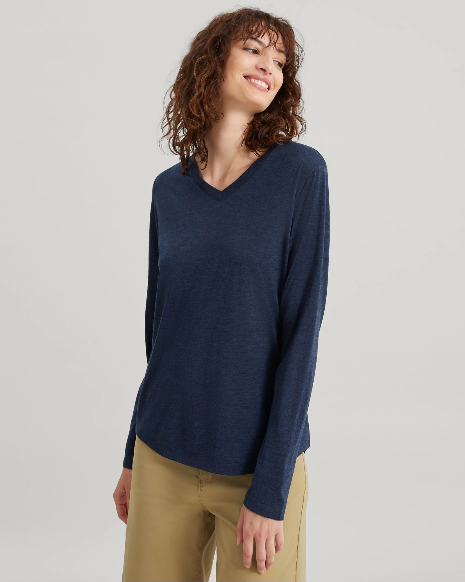 Women's 100% Merino Long Sleeve V-Top - Midnight Navy Marle Smart Wear