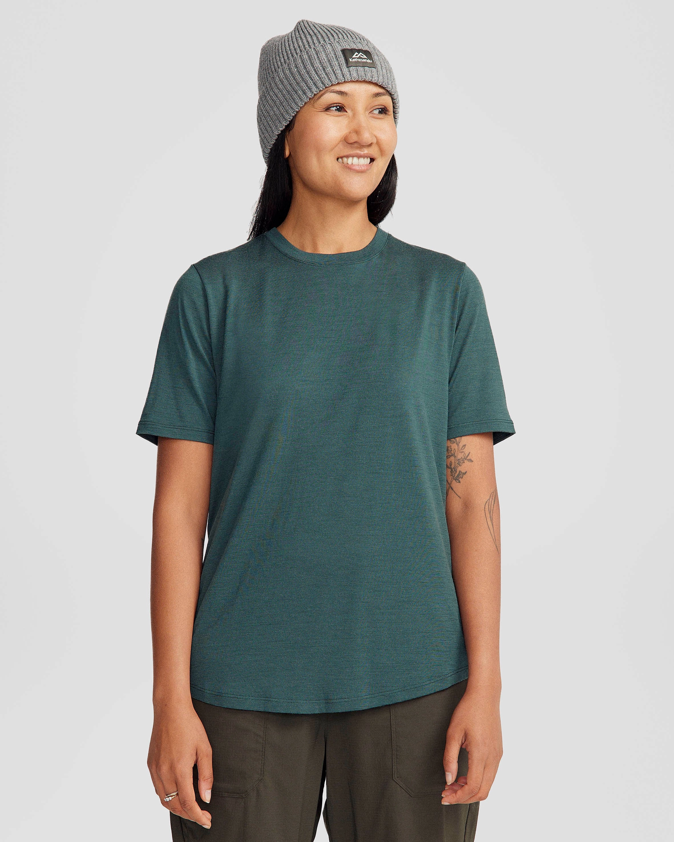 Women's 100% Merino Short Sleeve Crew Top - Deep Forest Flexible Fabric