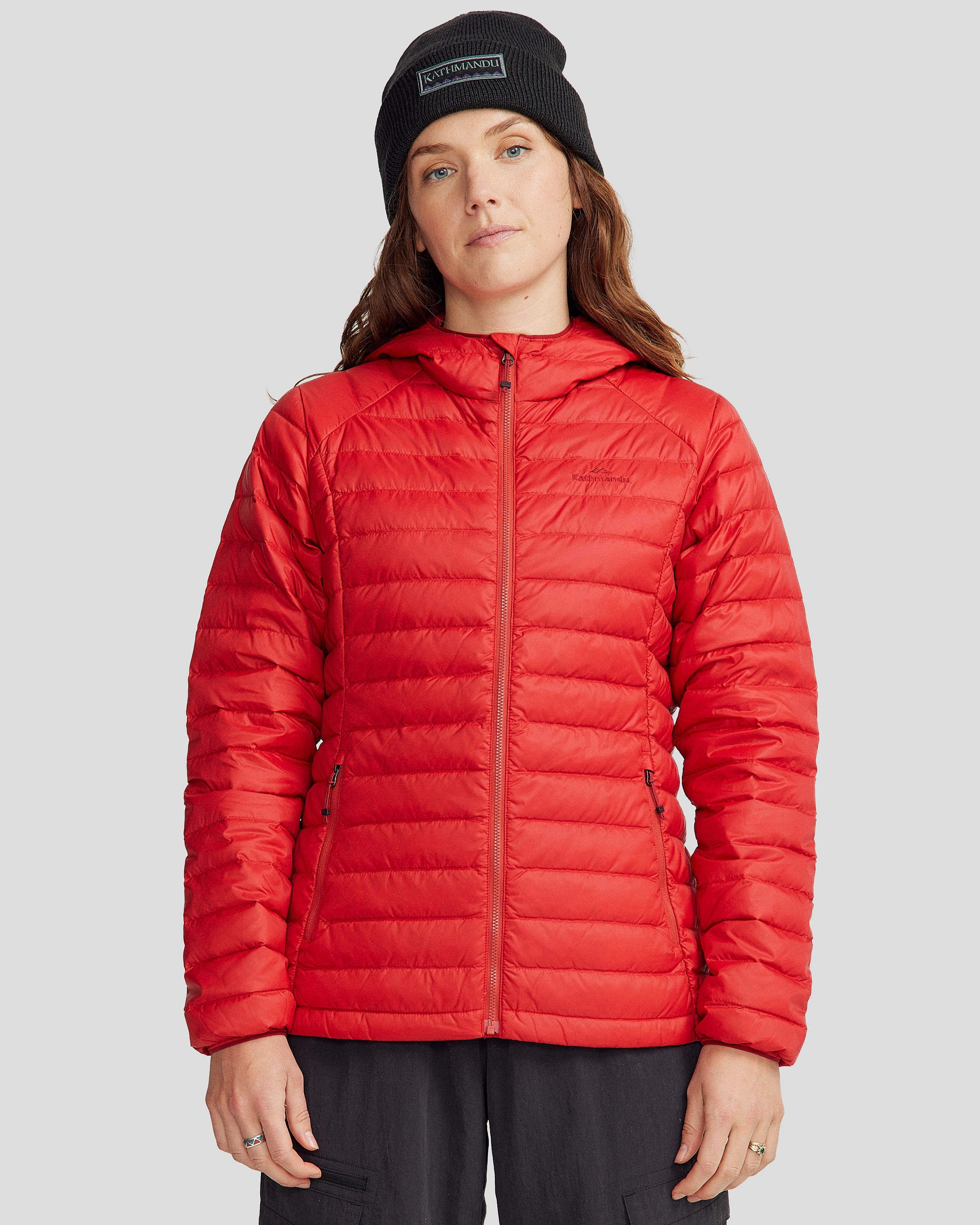 Women's Heli Down Hooded Jacket v3 - Spicy Chilli Pepper Compact packaging