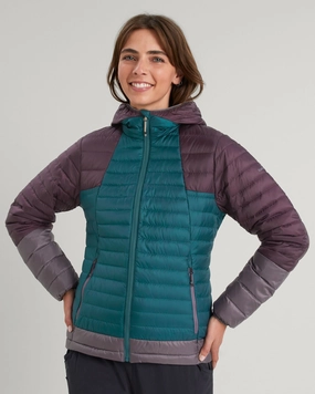 Flexible Insulation Women's Heli R Hooded Down Jacket - Deep Lagoon/Jam/Light Quartz
