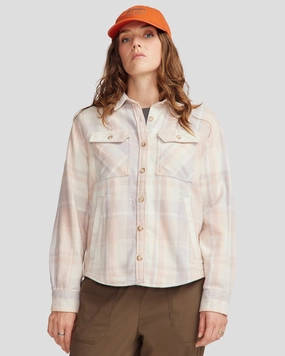 Military Inspired Split hem Women??s Huntly Long Sleeve Shirt - Cabin Plaid Shroom