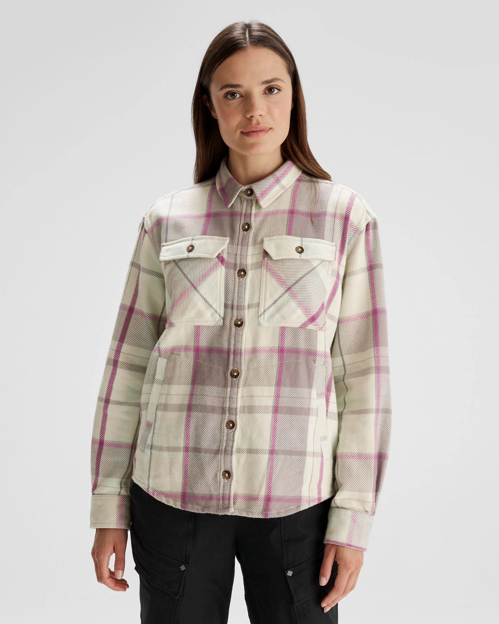 Seamless Shoulder Geometric Shape Women's Huntly Long Sleeve Shirt - Cabin Plaid Shroom