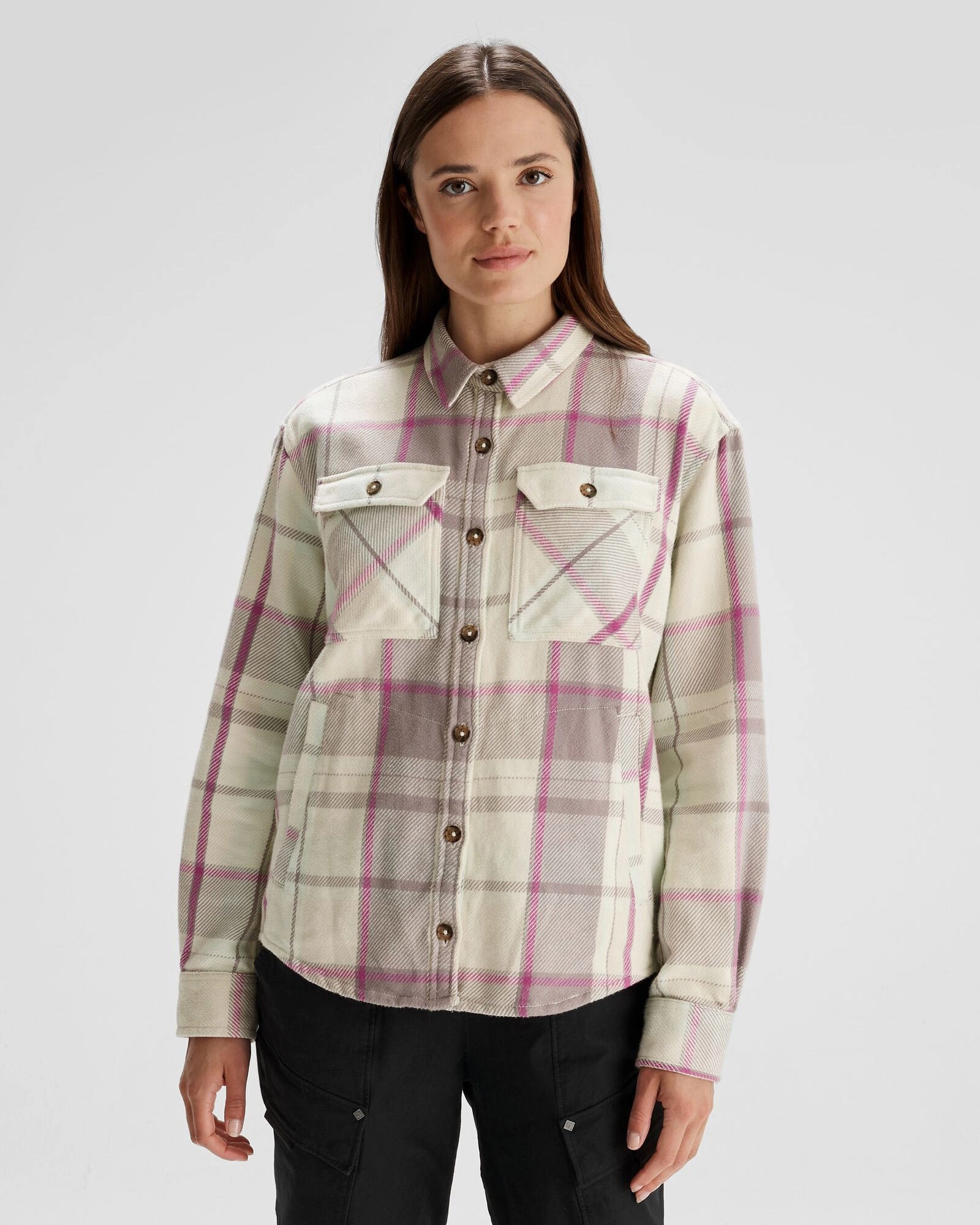 Women's Huntly Long Sleeve Shirt - Cabin Plaid Shroom Military Inspired High-End Look