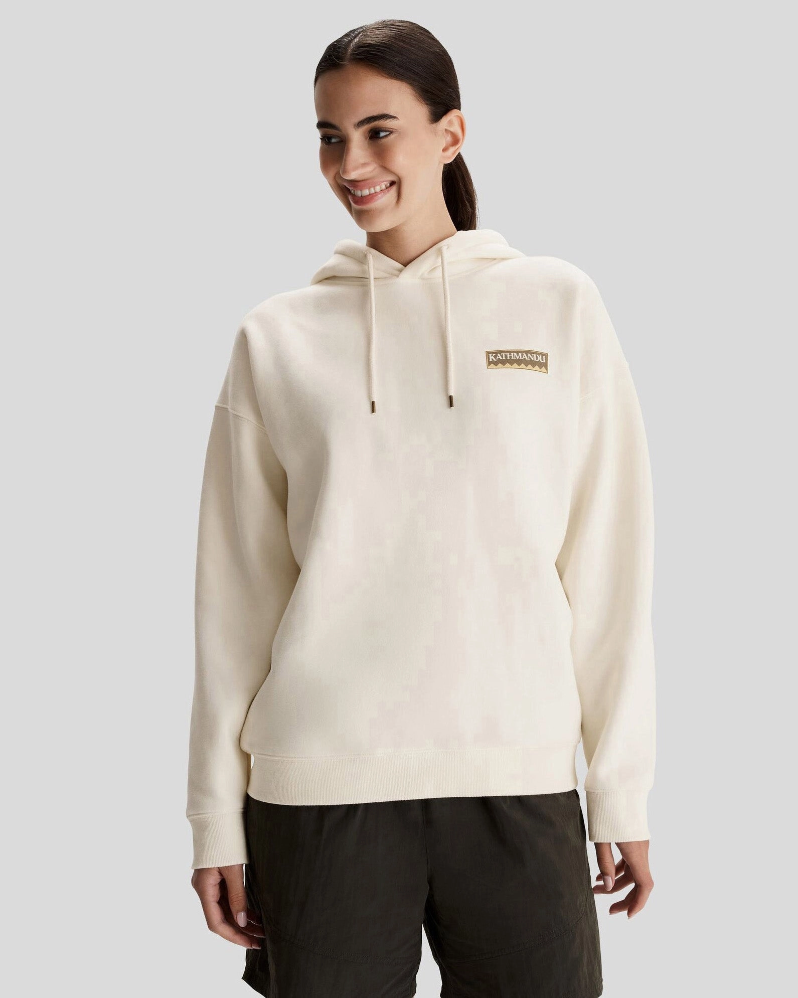 Cozy Design Fit Women's Kathmandu Heritage Logo Slouchy Hoodie - Bone