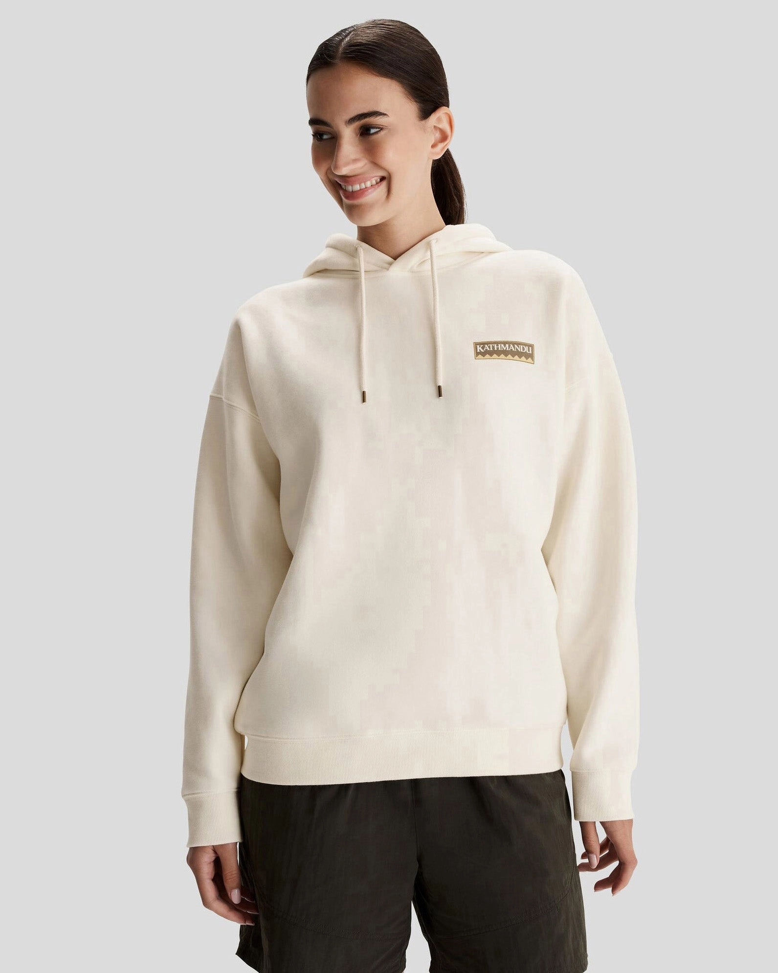 Women's Kathmandu Heritage Logo Slouchy Hoodie - Bone Dynamic Ventilation Panels