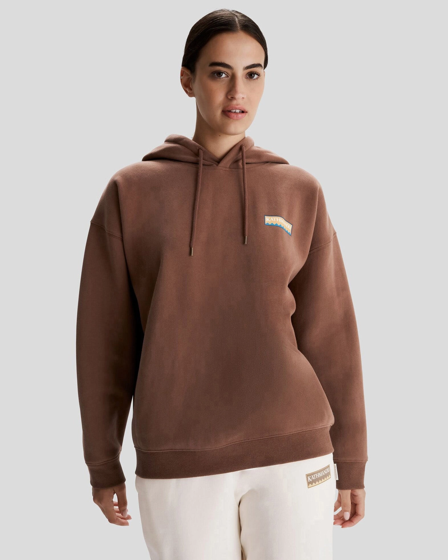 Women's Kathmandu Heritage Logo Slouchy Hoodie - Brown Cozy Comfort Modern Turtleneck Style