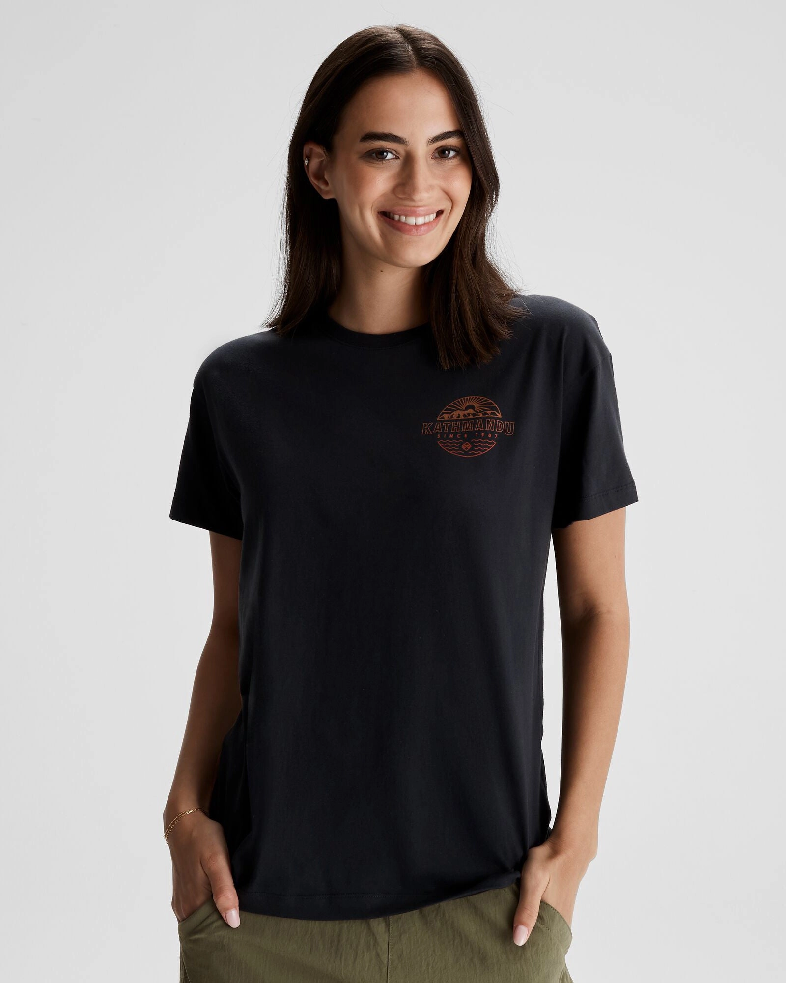 Printed Logo Formal Style Women's Kathmandu Logo Faded Organic Cotton T-shirt - Black