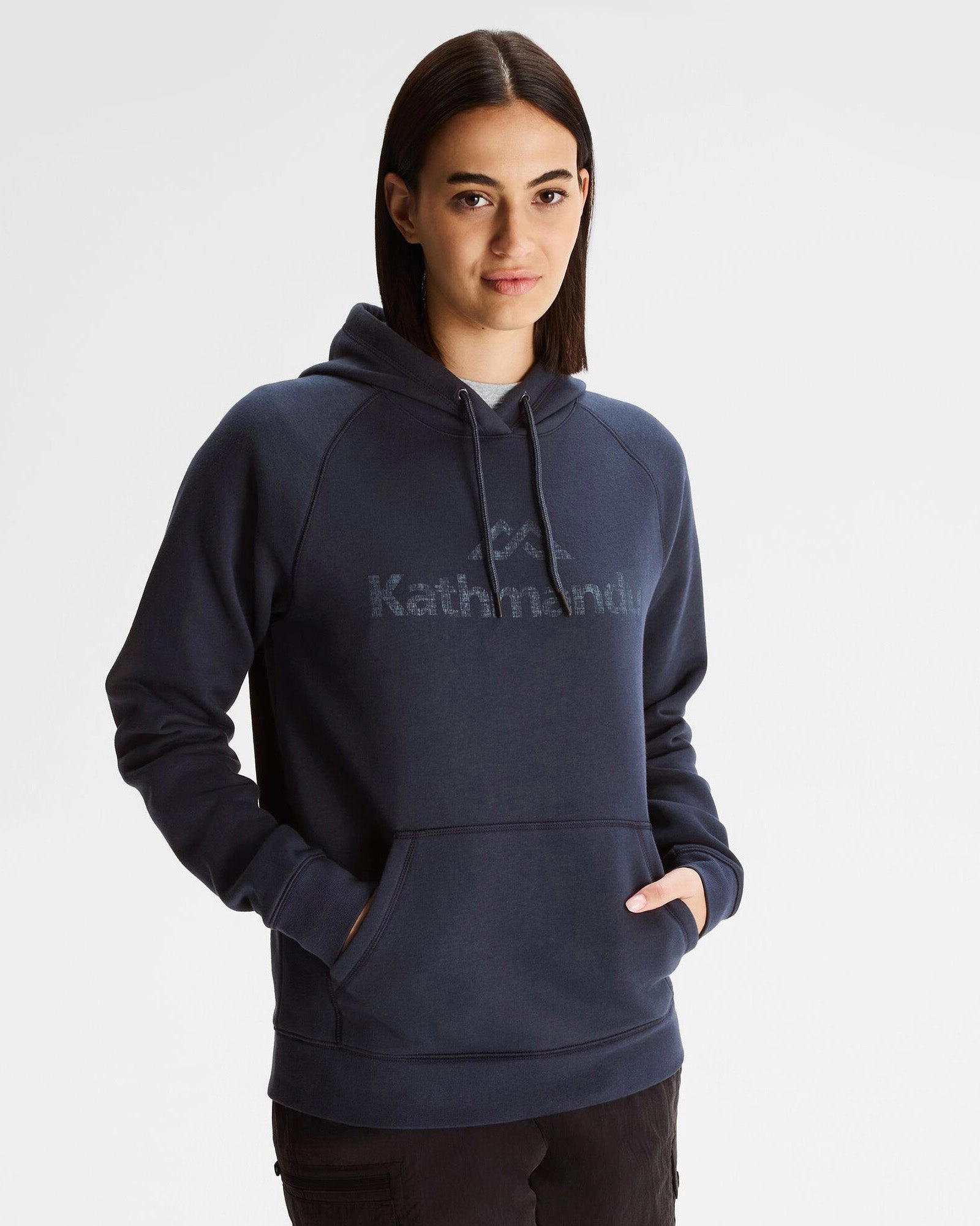 Cable Stitch Flexible Ribbed Trim Women's Kathmandu Logo Hoodie - Pure Navy