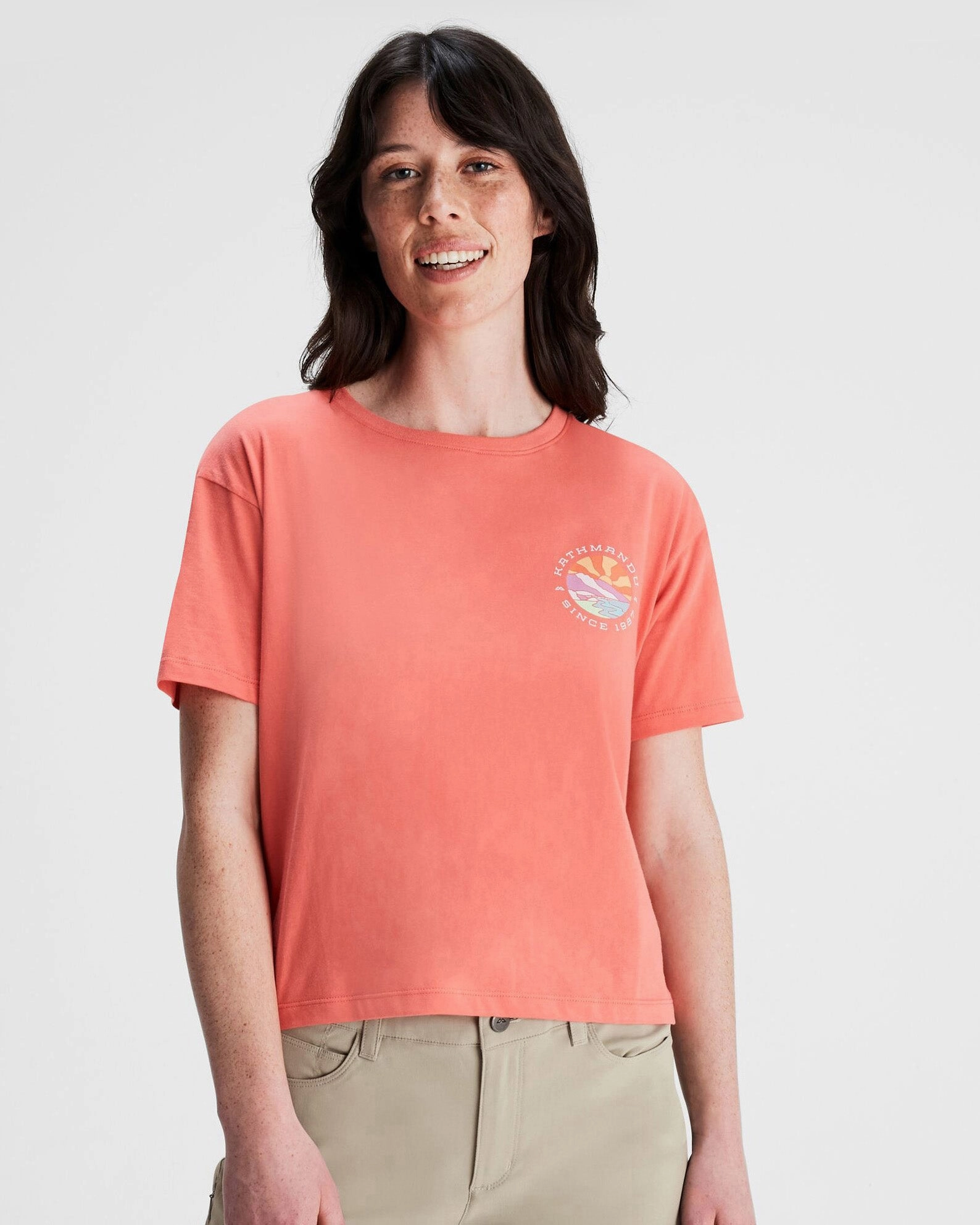 fade resistant color Women's Kathmandu Logo Sunburst Organic Cotton T-shirt - Fruity