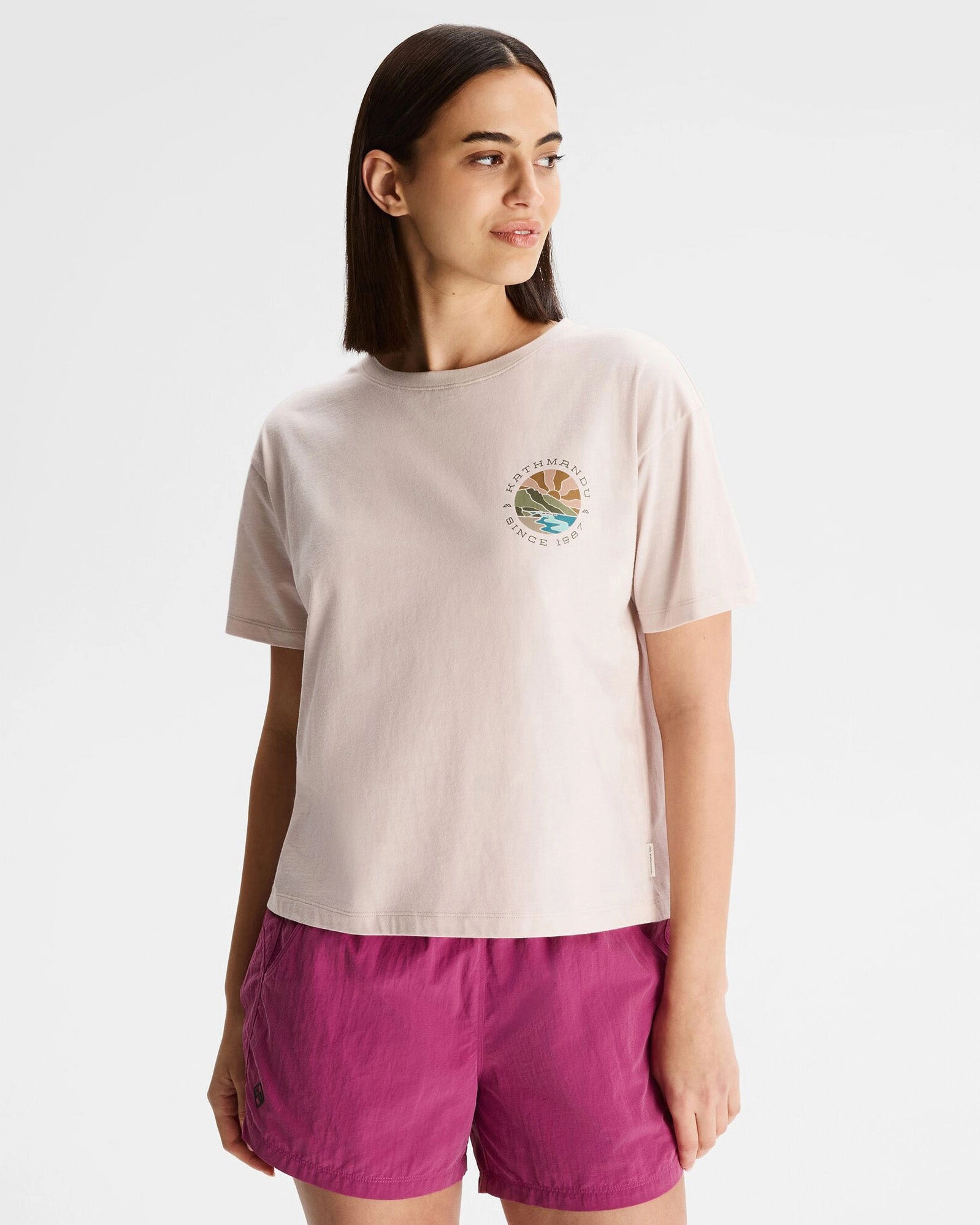 Modern Comfort Style Women's Kathmandu Logo Sunburst Organic Cotton T-shirt - Shroom