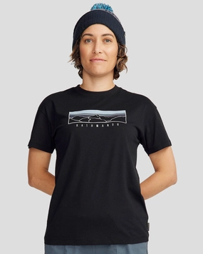 Women's Mountain Sunset Organic Cotton T-shirt - Black Stingray Flexible Collar SustainableManufacturing