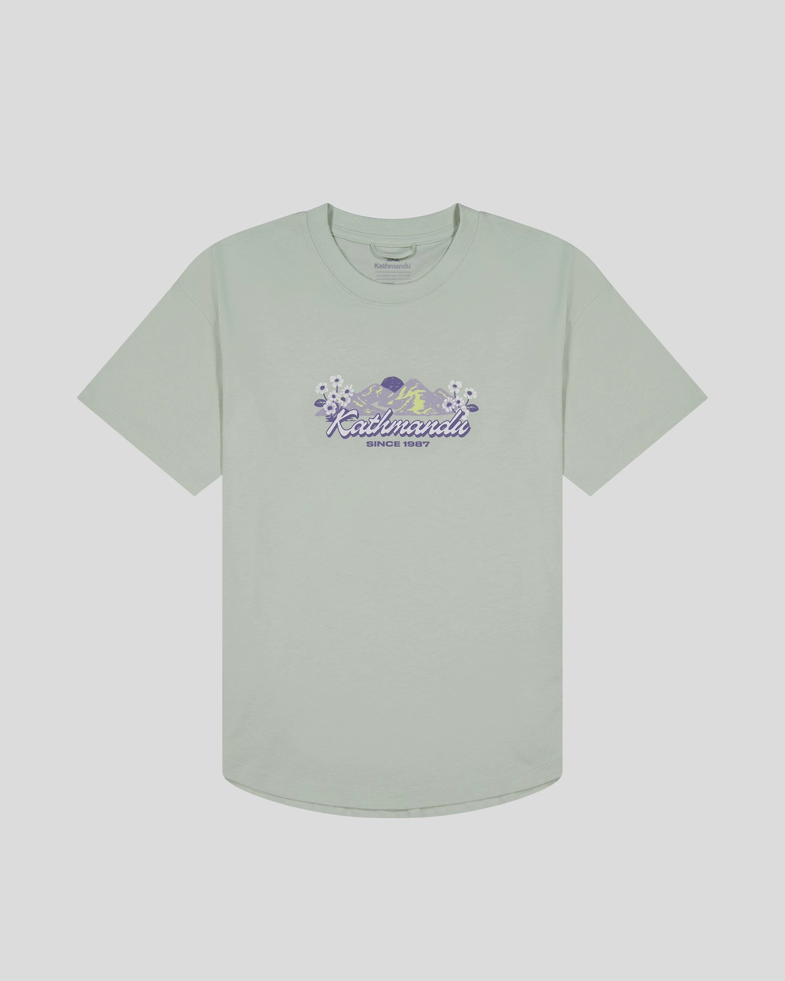 Women??s Mt Cook Lily Organic Cotton T-Shirt - Light Sage Layered Hem Detail Hiking durability