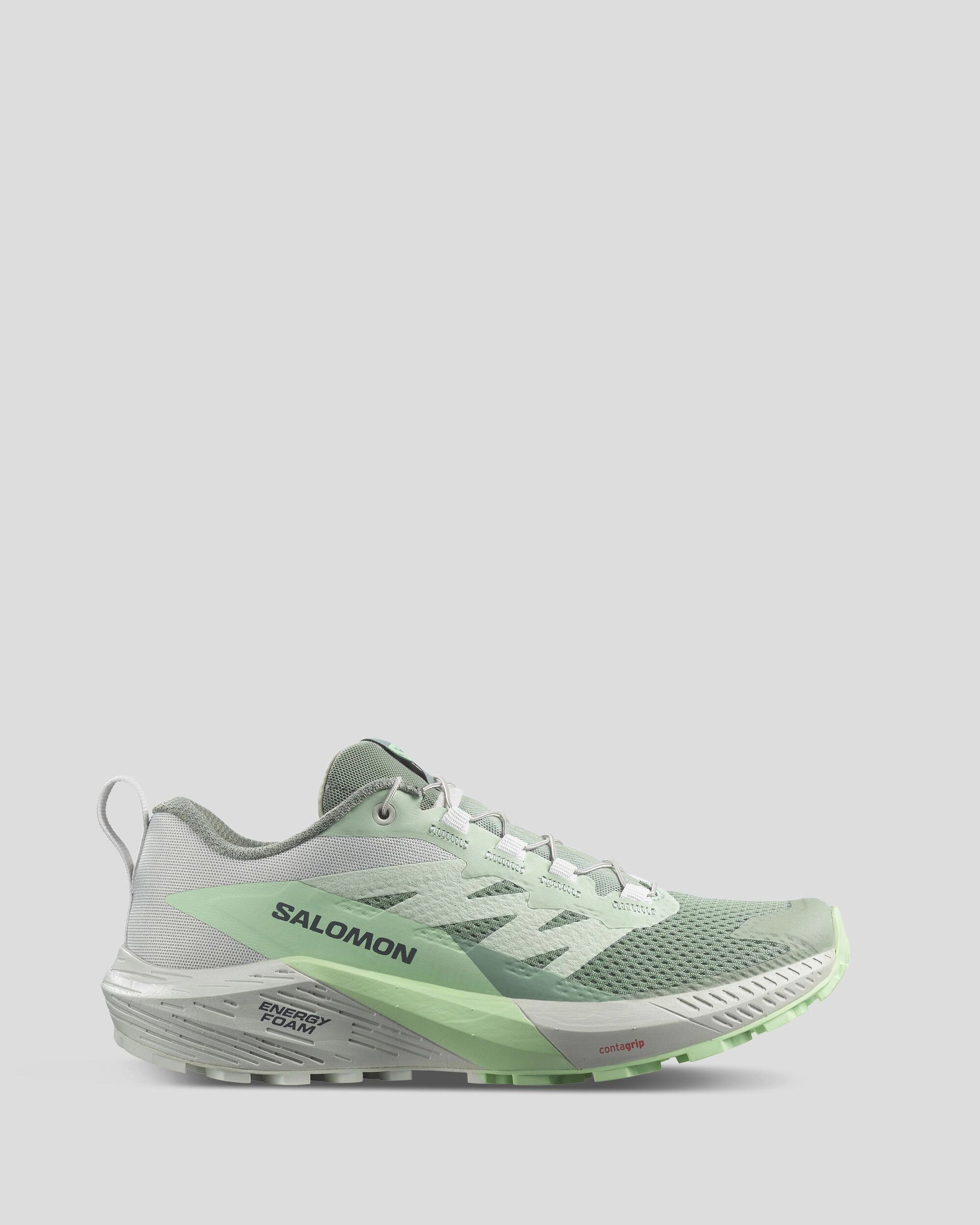 lace - up shoe model Pronation correction Women's Salomon Sense Ride 5 Trail Running Shoes - Lily Pad/Metal/Green Ash