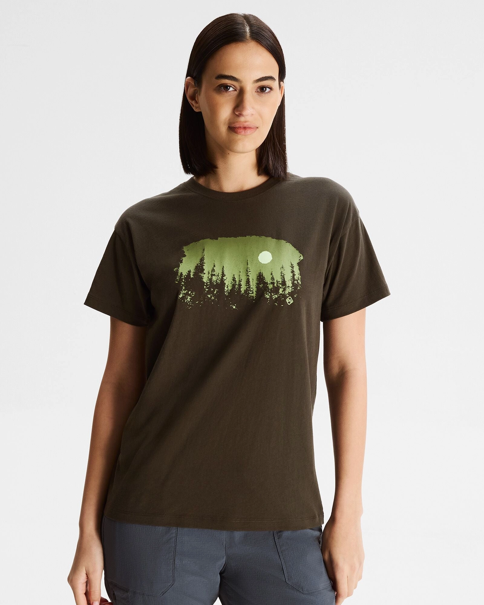 Women's Tree Line Organic Cotton T-shirt - Dark Moss Anti Pilling Fabric