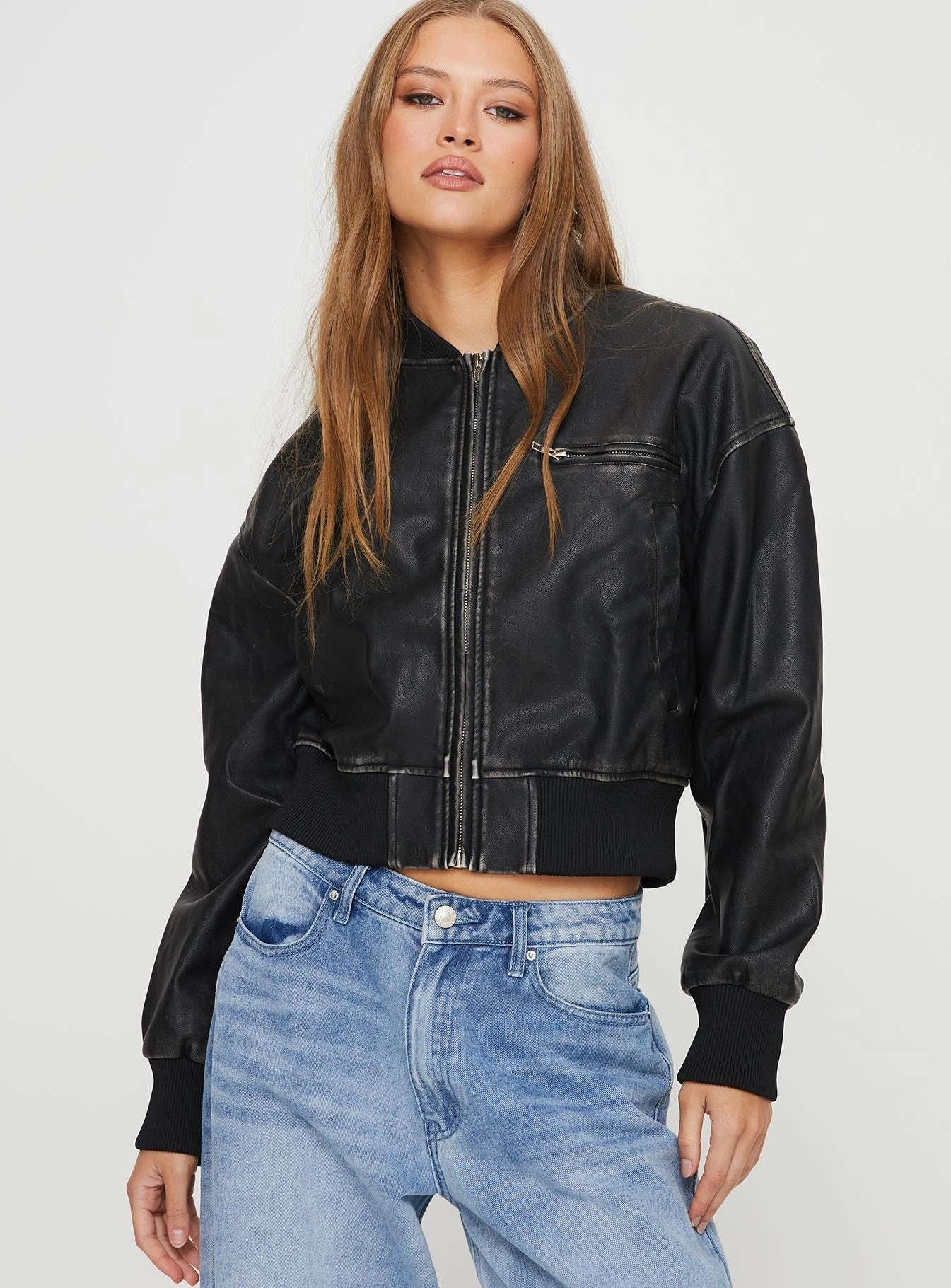 Sweet Disaster Faux Leather Cropped Bomber Jacket Black Modern City Outfit Clean Edge Piece