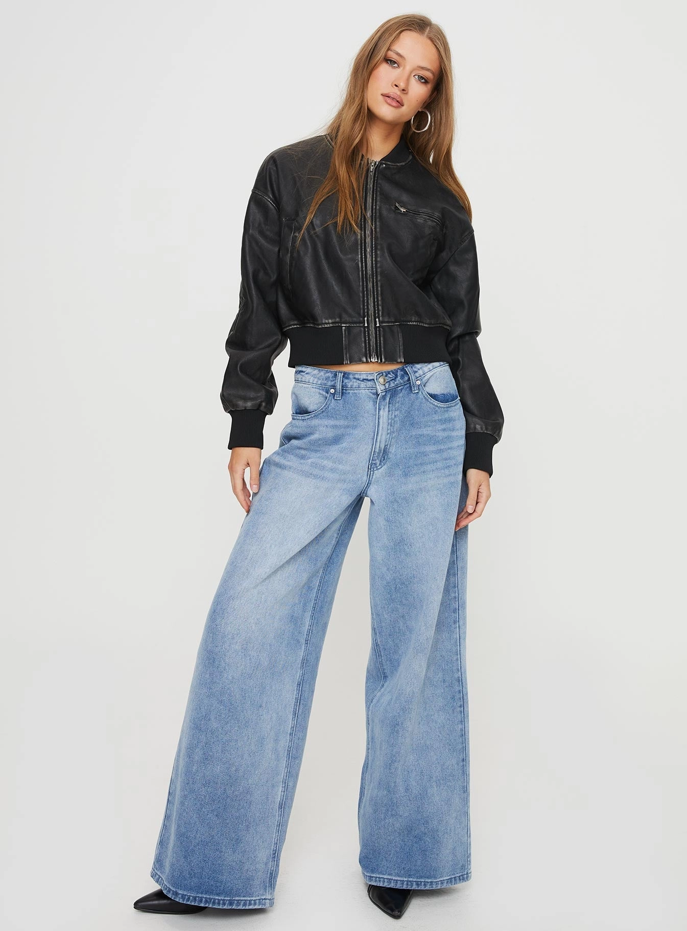 Sweet Disaster Faux Leather Cropped Bomber Jacket Black Multi Pocket Layout